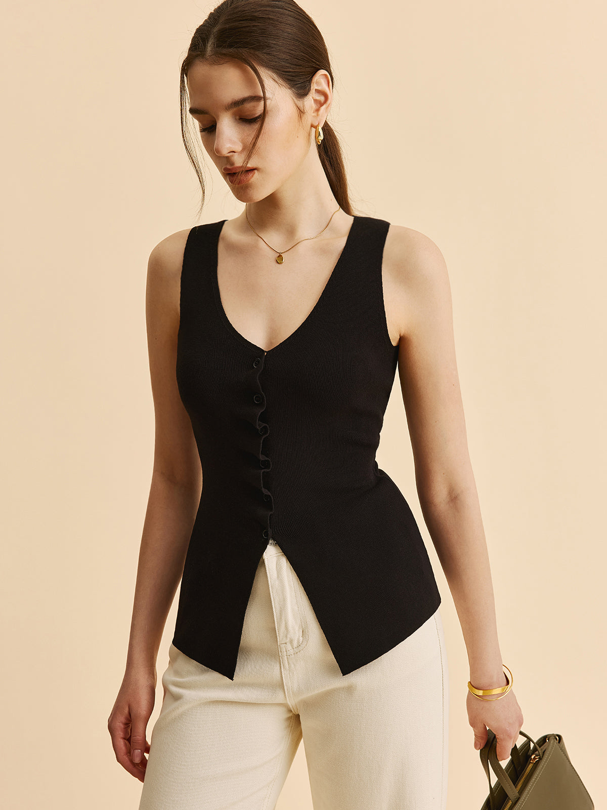 Lettuce Trim Split Sweater Vest-Chicvia