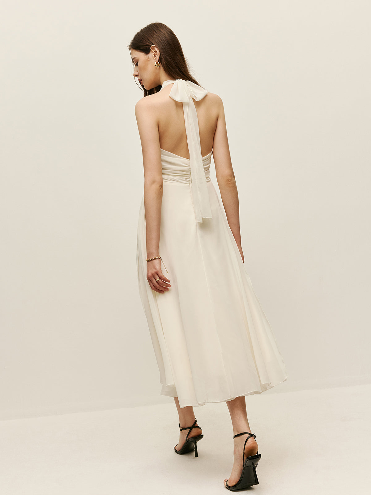 Halter Adjustable Straps Zipper V-Neck Long Dress-Chicvia