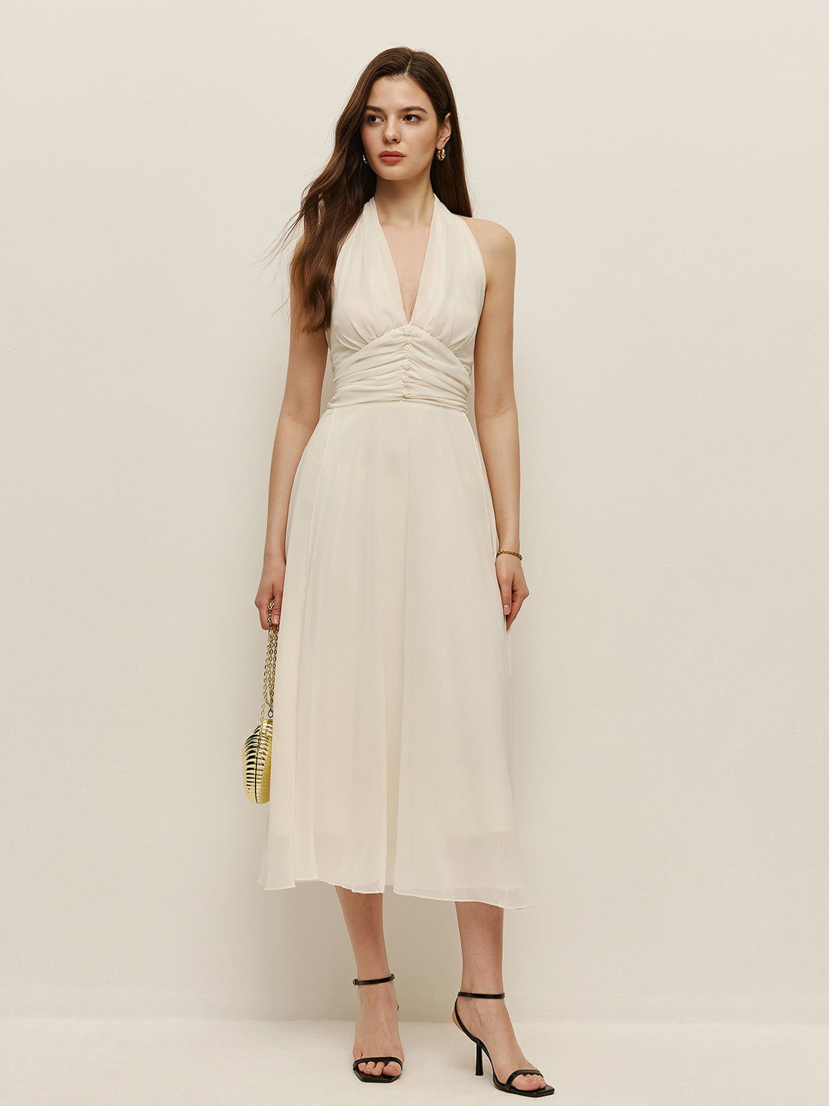 Halter Adjustable Straps Zipper V-Neck Long Dress-Chicvia