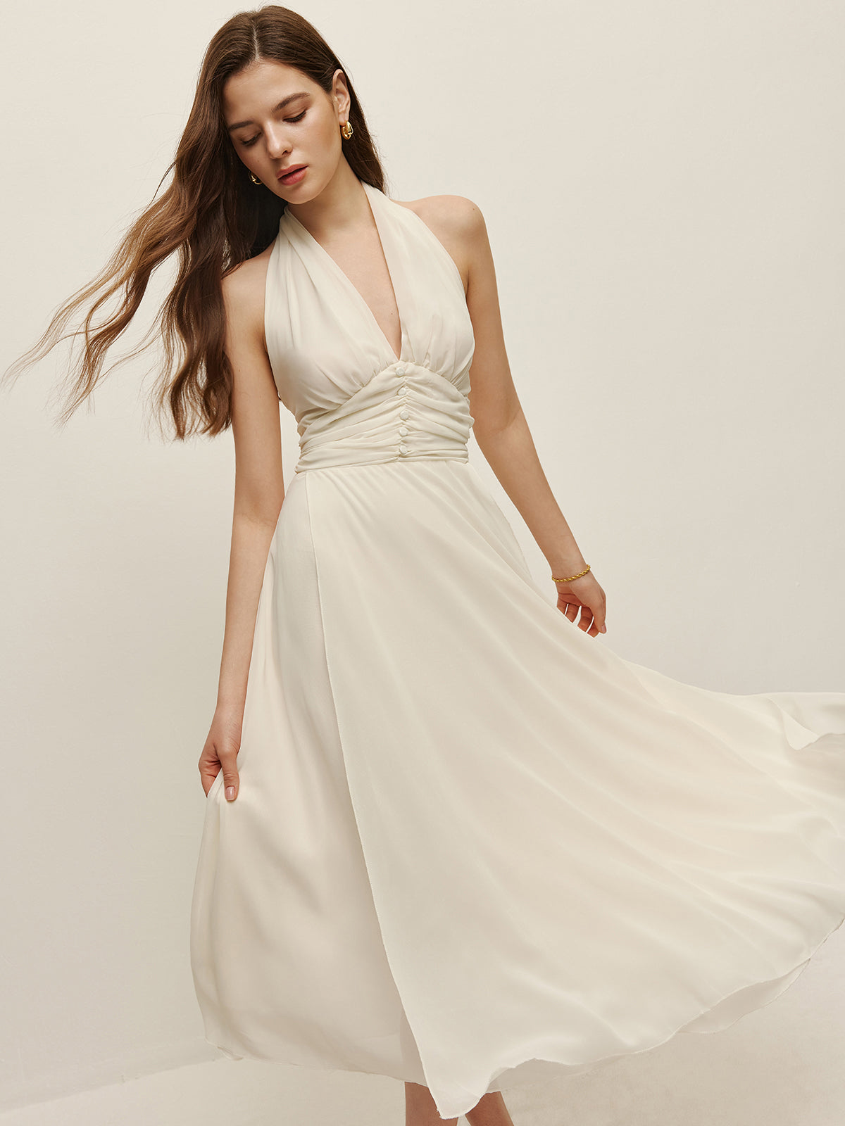 Halter Adjustable Straps Zipper V-Neck Long Dress-Chicvia