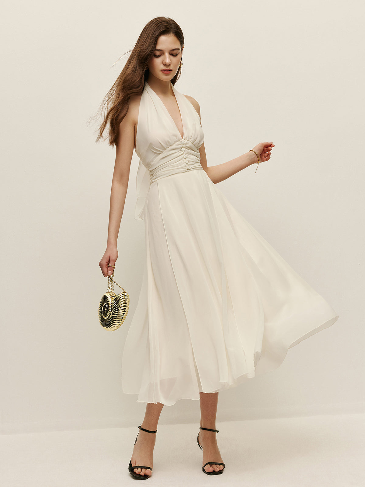 Halter Adjustable Straps Zipper V-Neck Long Dress-Chicvia