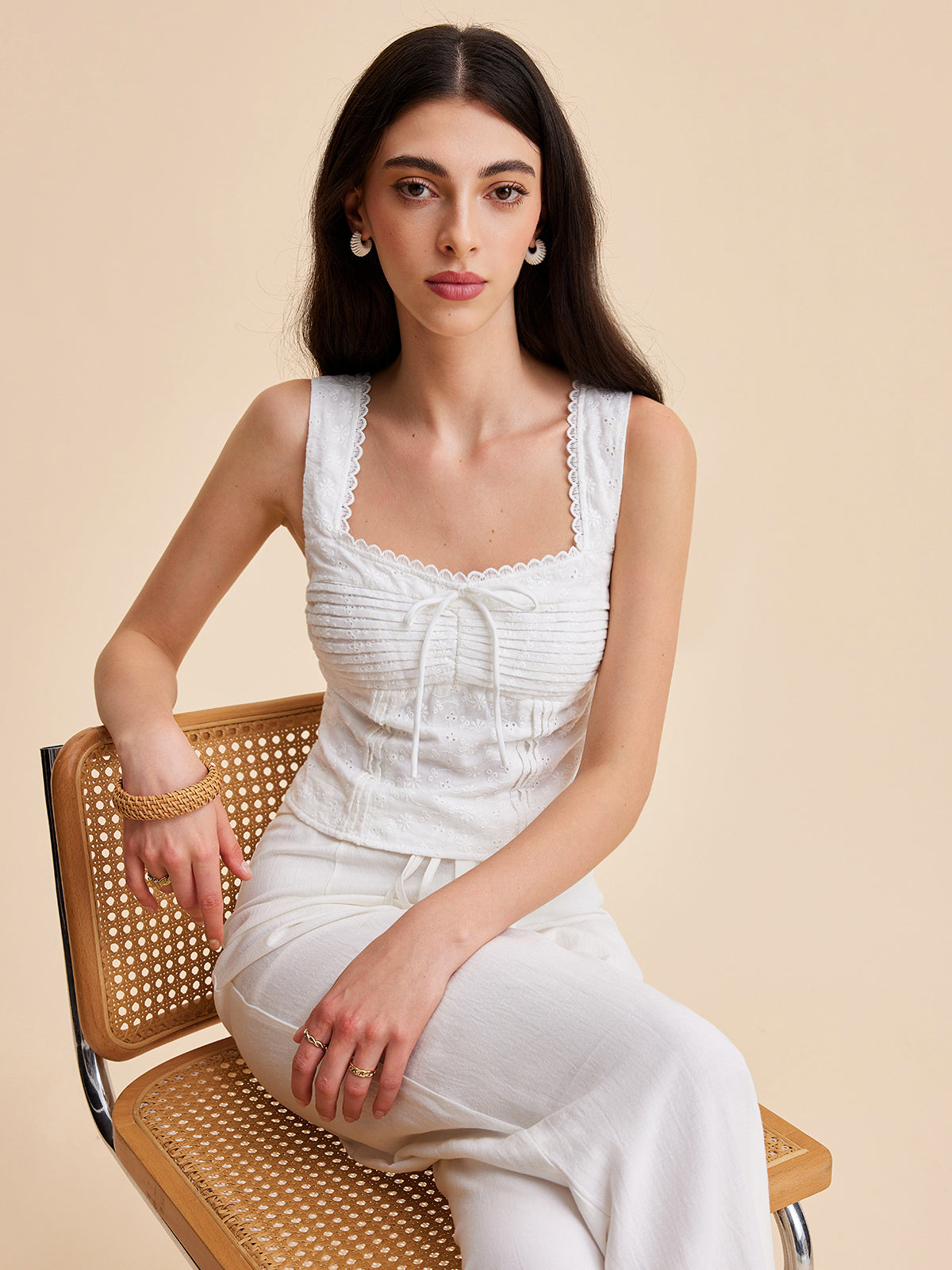 Pleated Cotton Zipper Tank Top-Chicvia