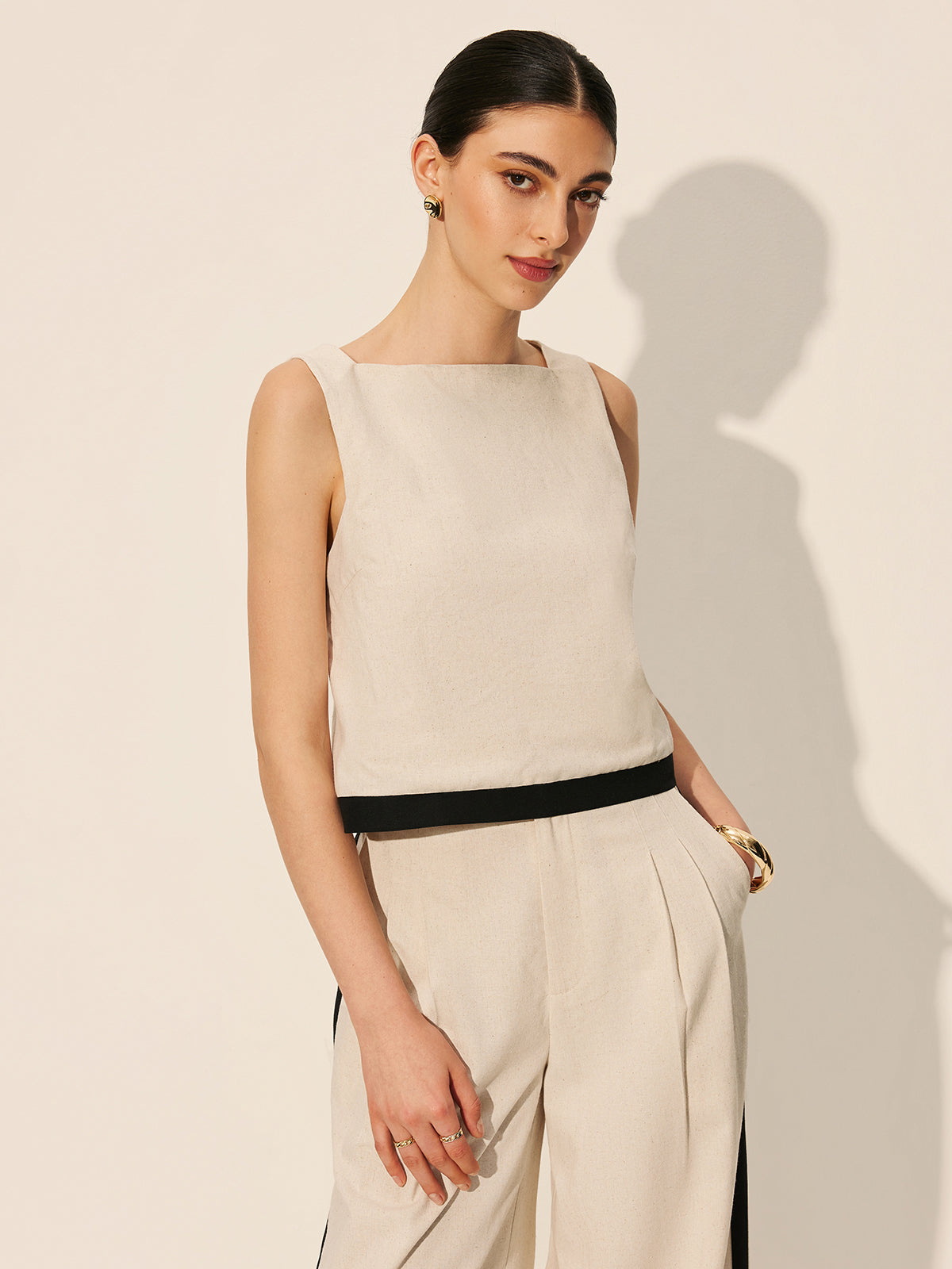 Linen & Cotton Zipper Contrast Binding Pant Set-Chicvia