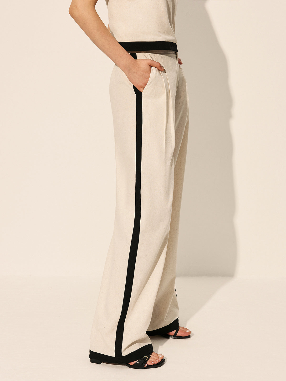 Linen & Cotton Zipper Contrast Binding Pant Set-Chicvia