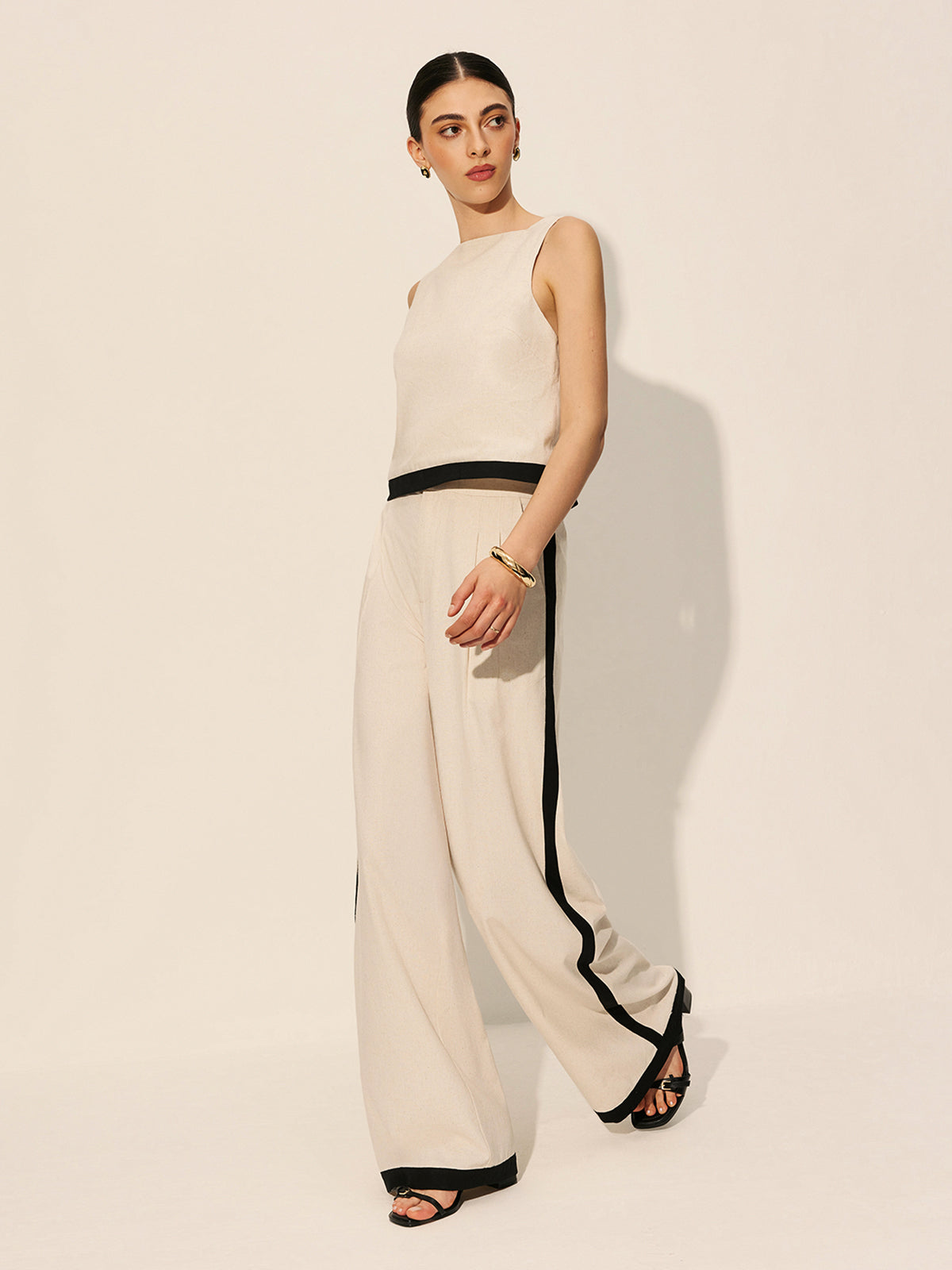 Linen & Cotton Zipper Contrast Binding Pant Set-Chicvia