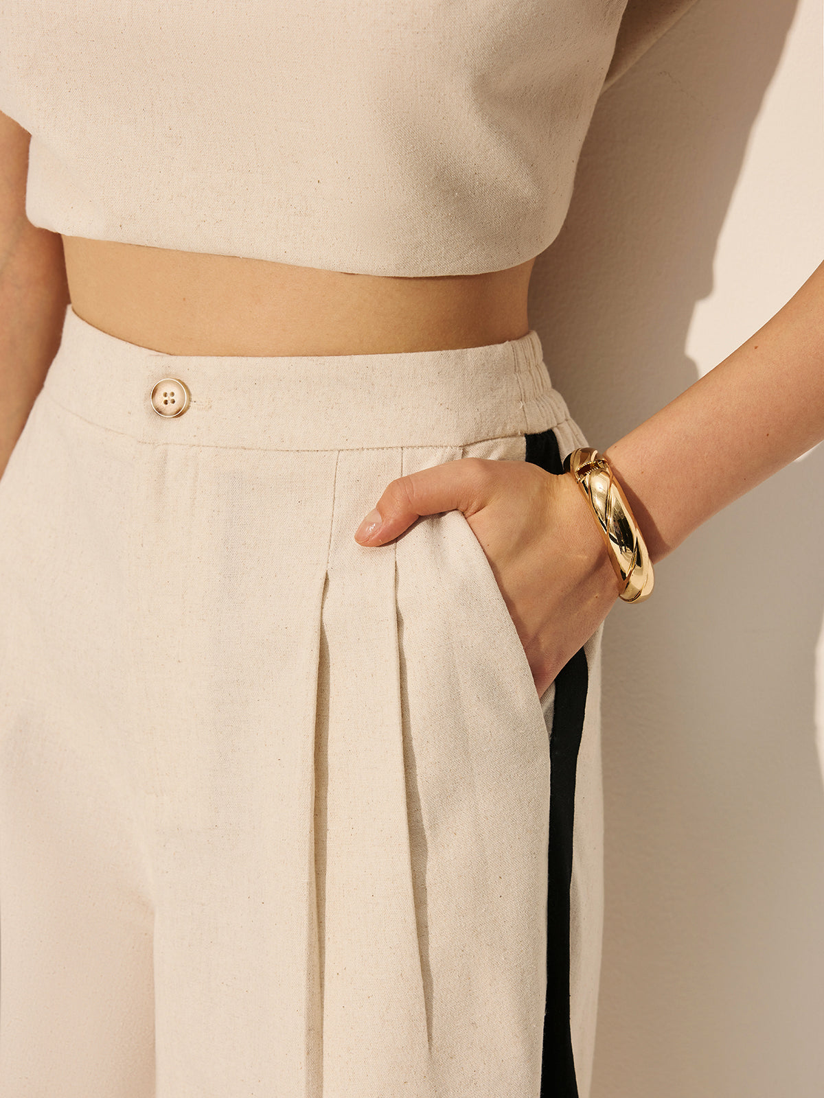 Linen & Cotton Zipper Contrast Binding Pant Set-Chicvia