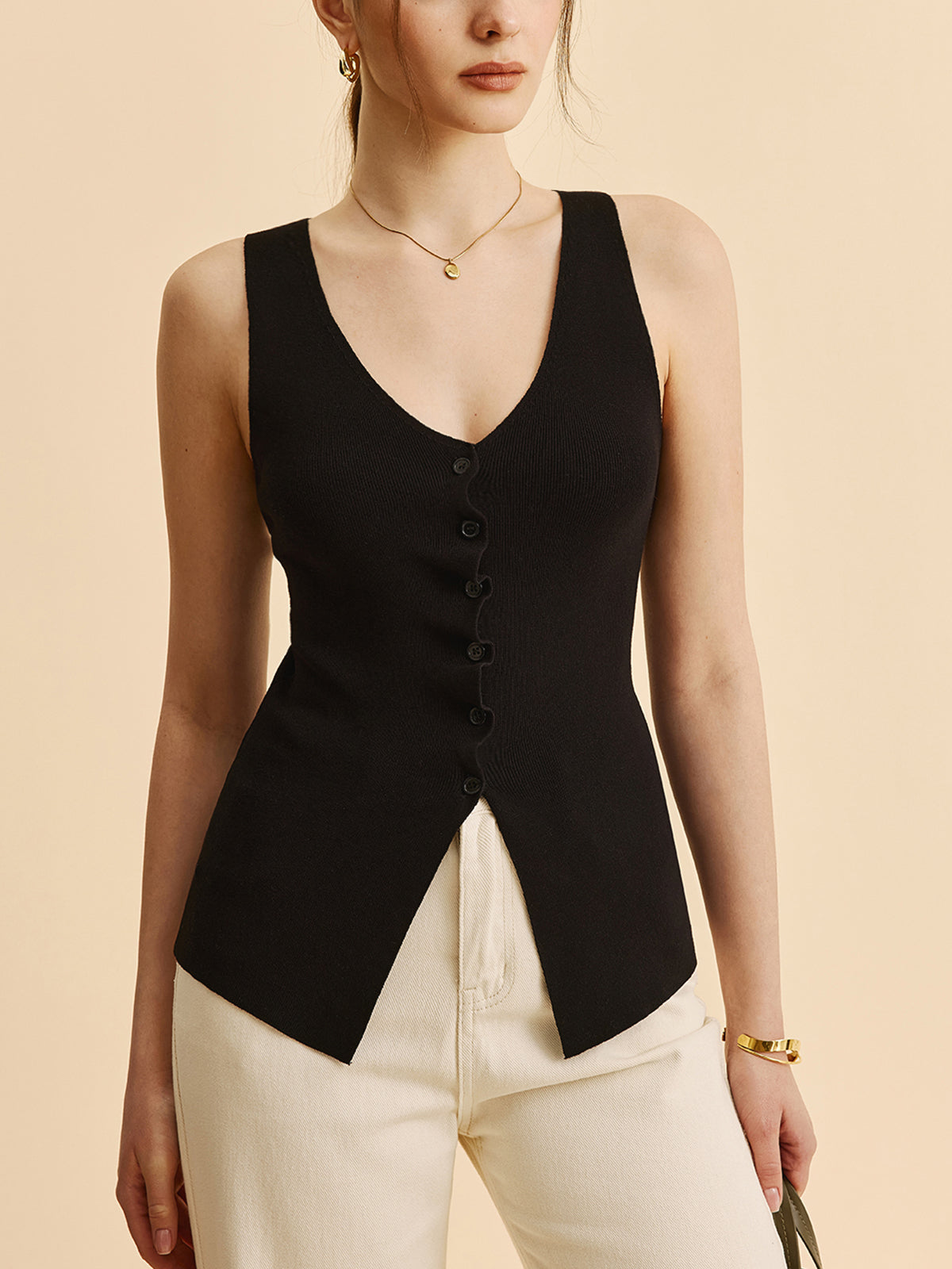 Lettuce Trim Split Sweater Vest-Chicvia