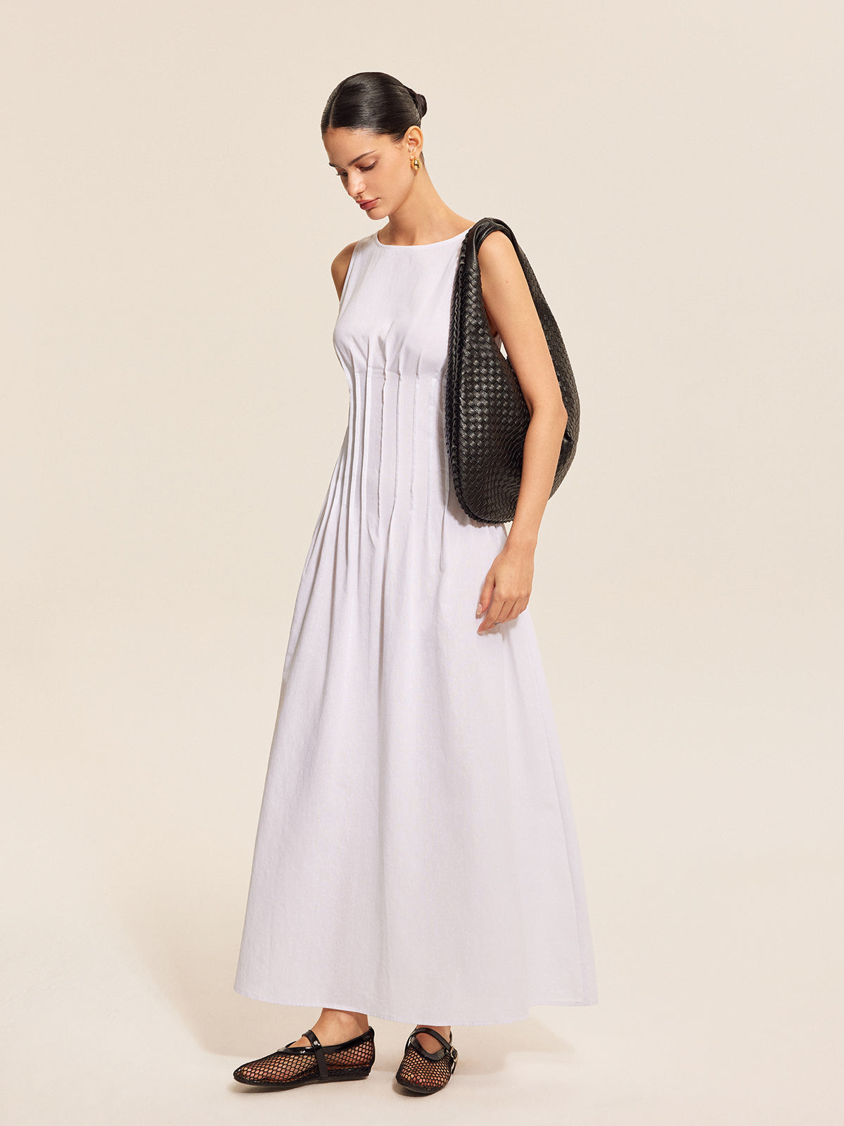 Cotton & Linen Pleated Sleeveless Dress-Chicvia