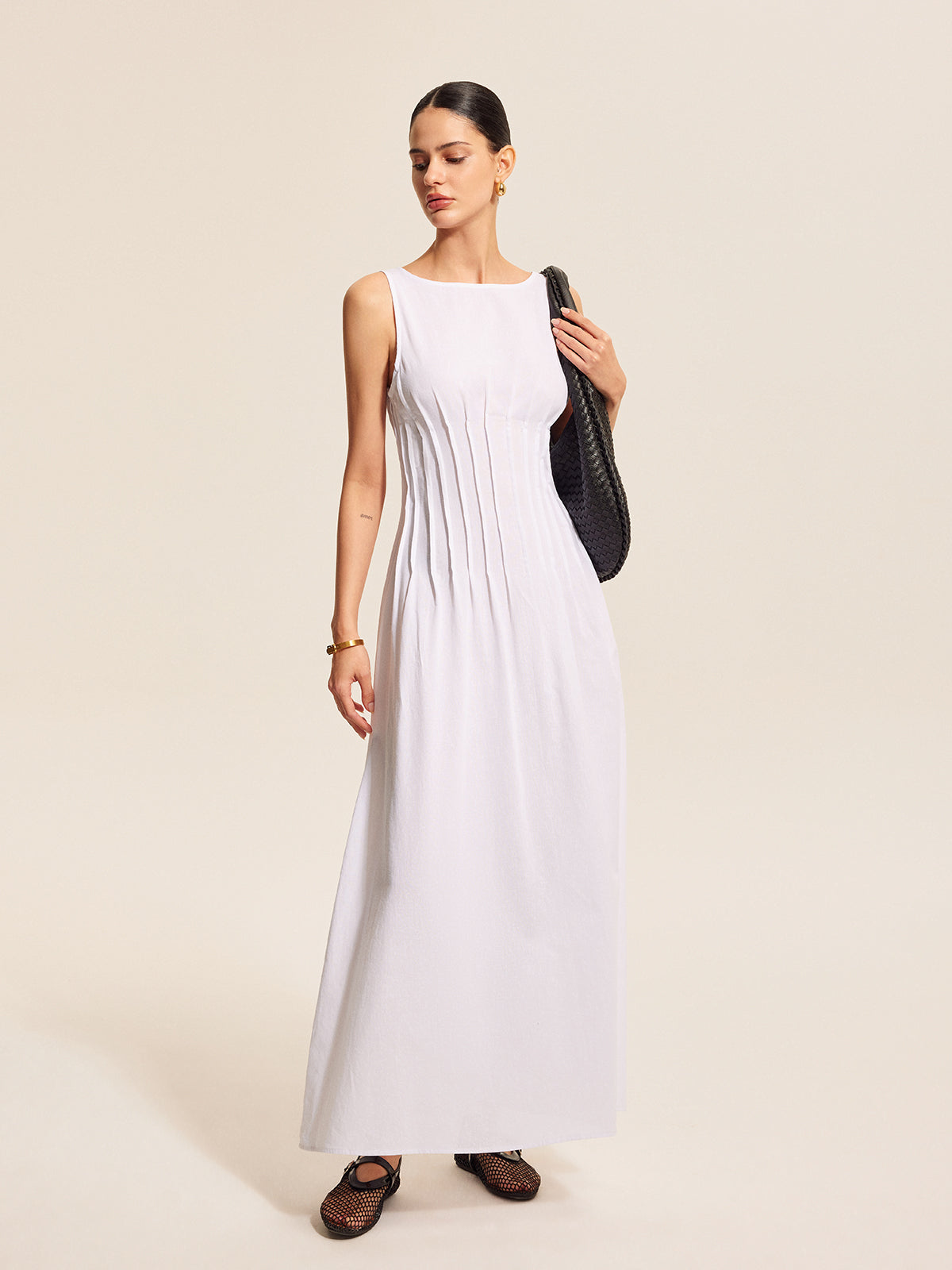 Cotton & Linen Pleated Sleeveless Dress-Chicvia