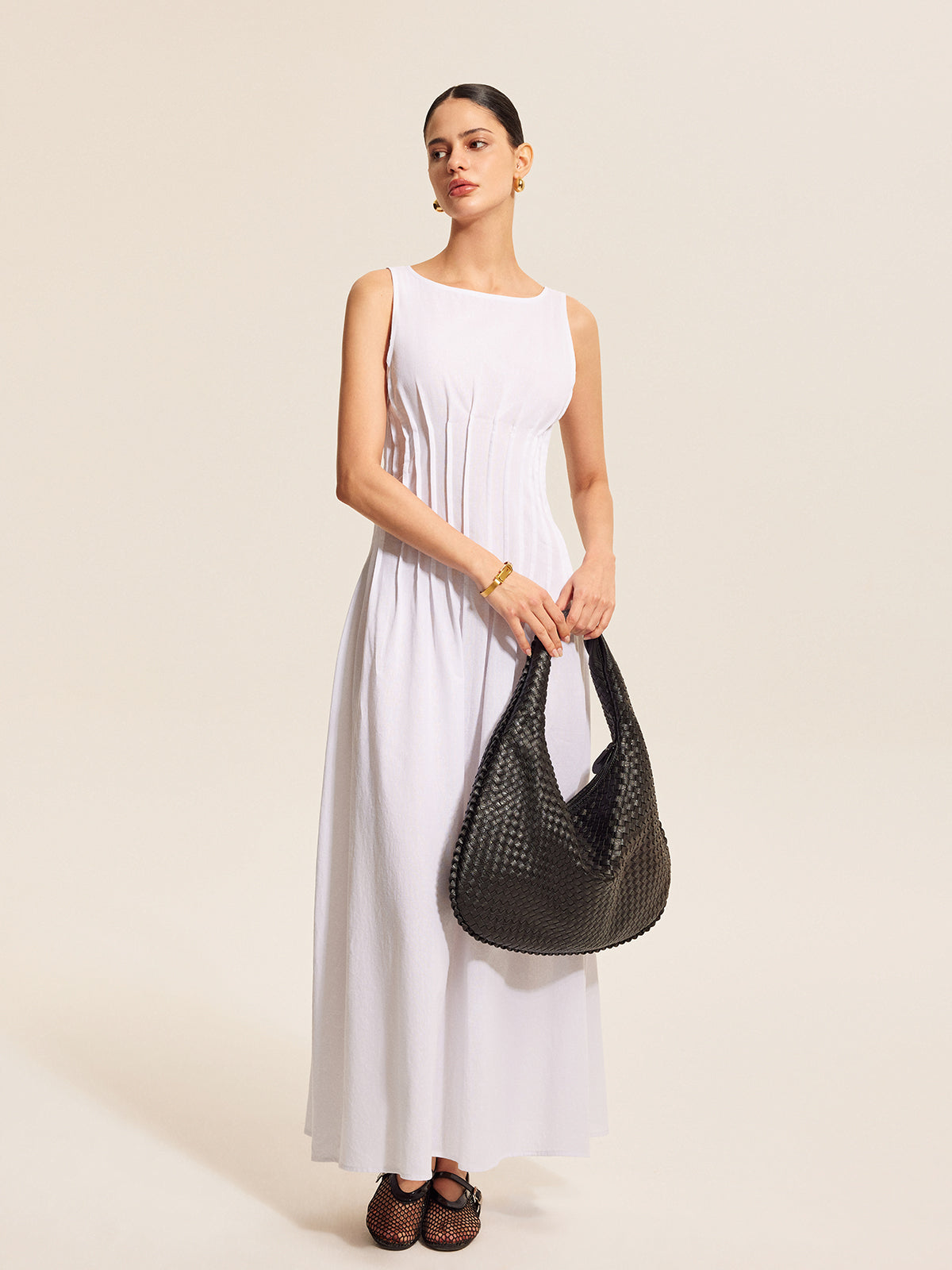 Cotton & Linen Pleated Sleeveless Dress-Chicvia