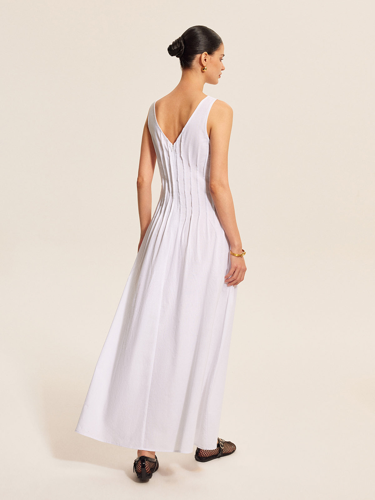 Cotton & Linen Pleated Sleeveless Dress-Chicvia