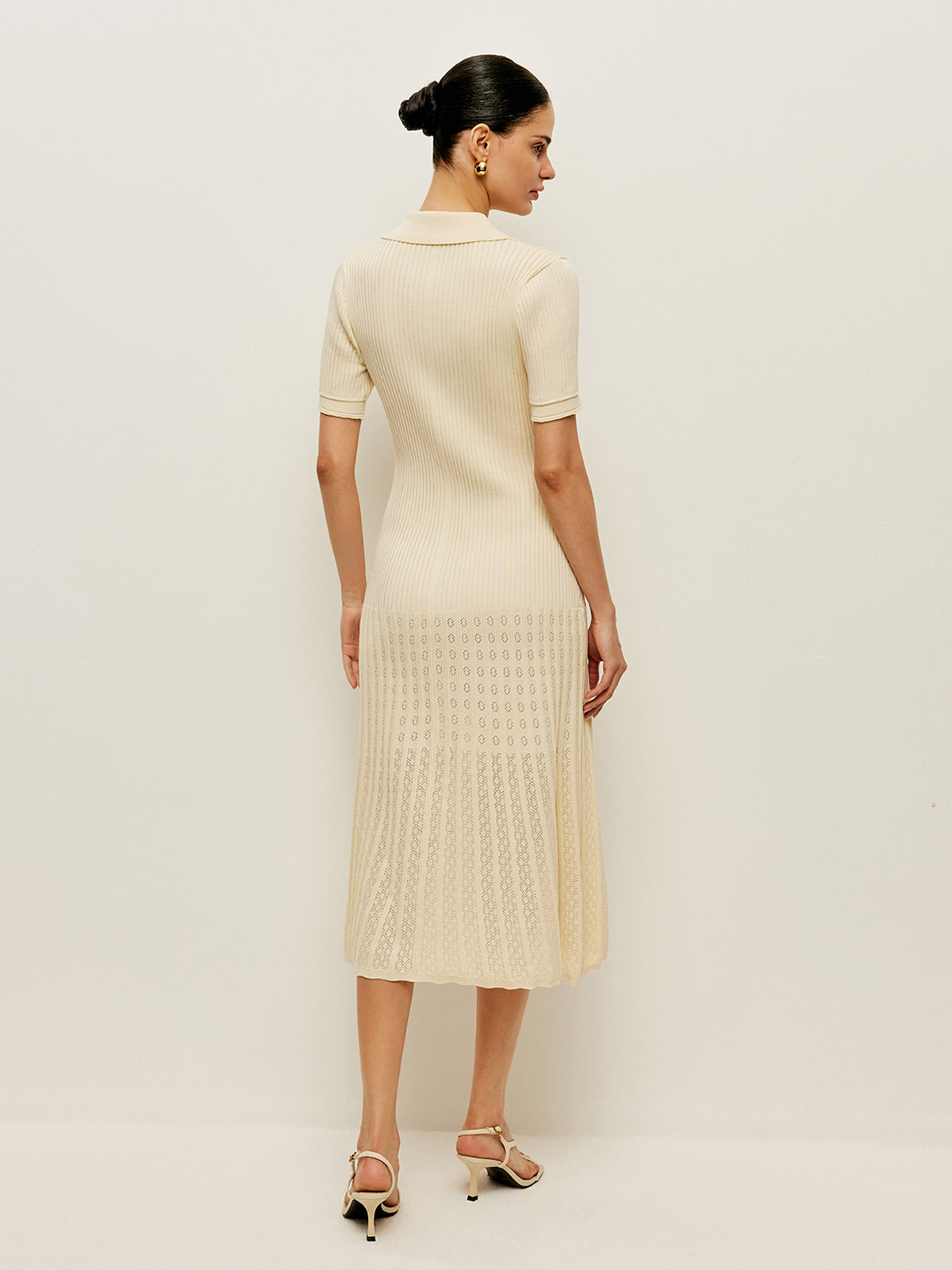 Knit Hollow Buttoned Polo Dress-Chicvia