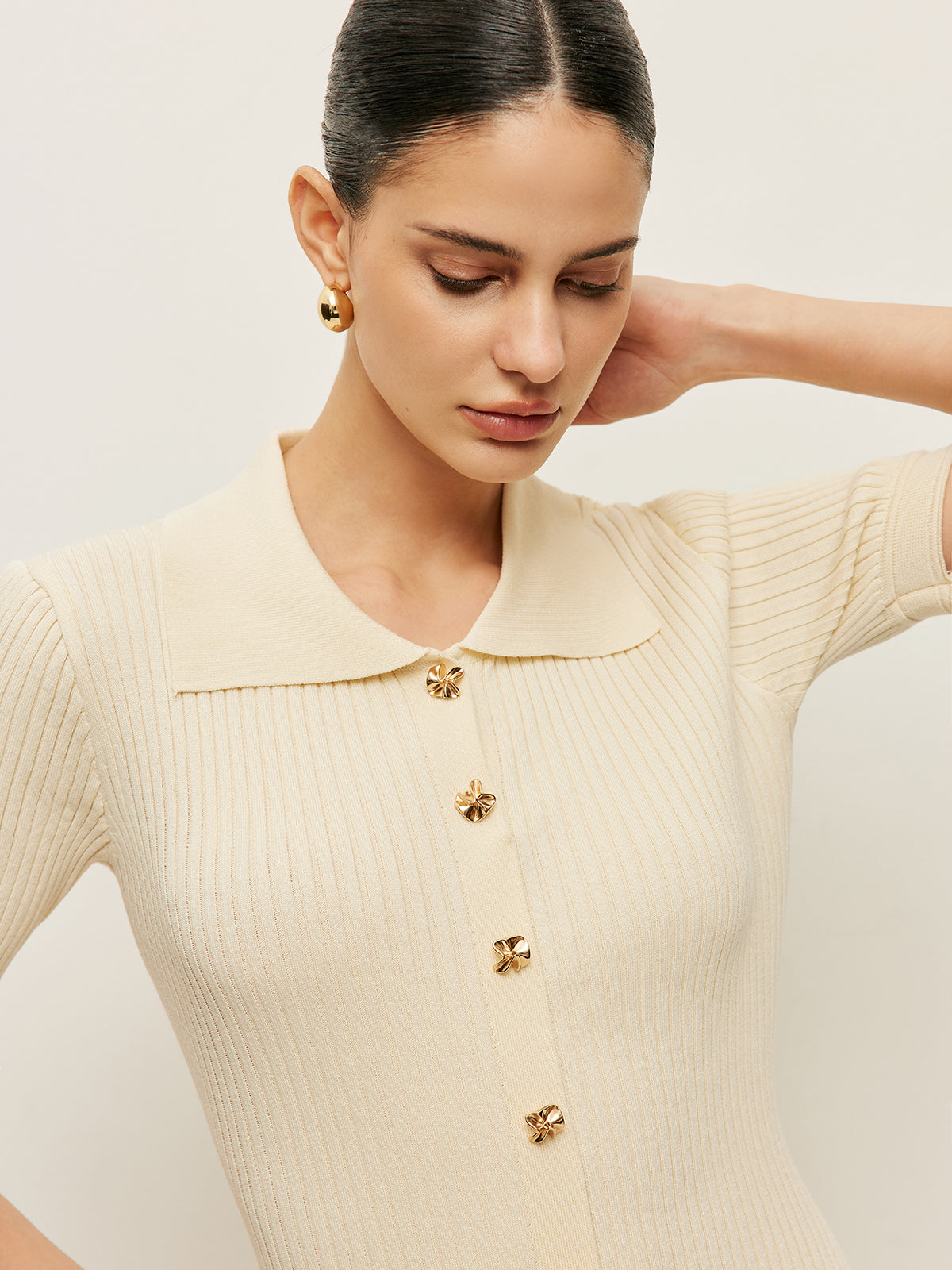 Knit Hollow Buttoned Polo Dress-Chicvia