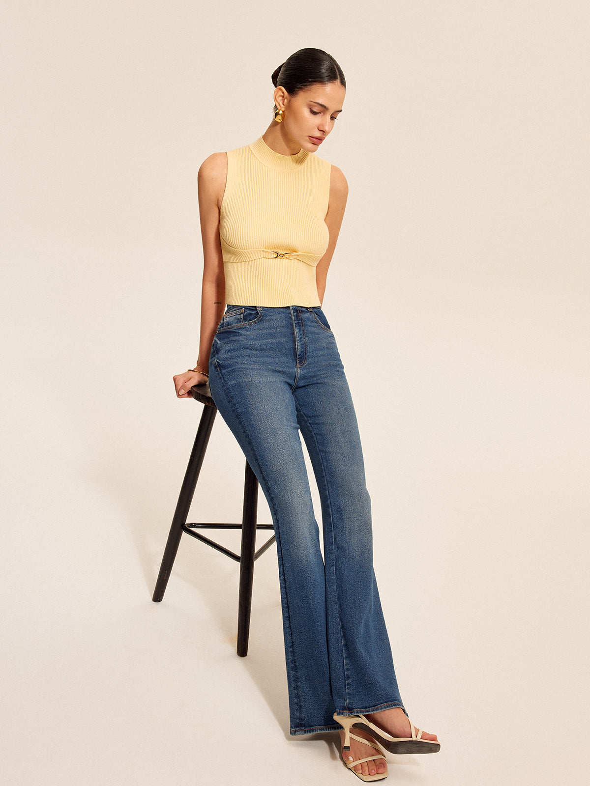 Ribbed Mock-Neck Top With Waist Chain Detail-Chicvia