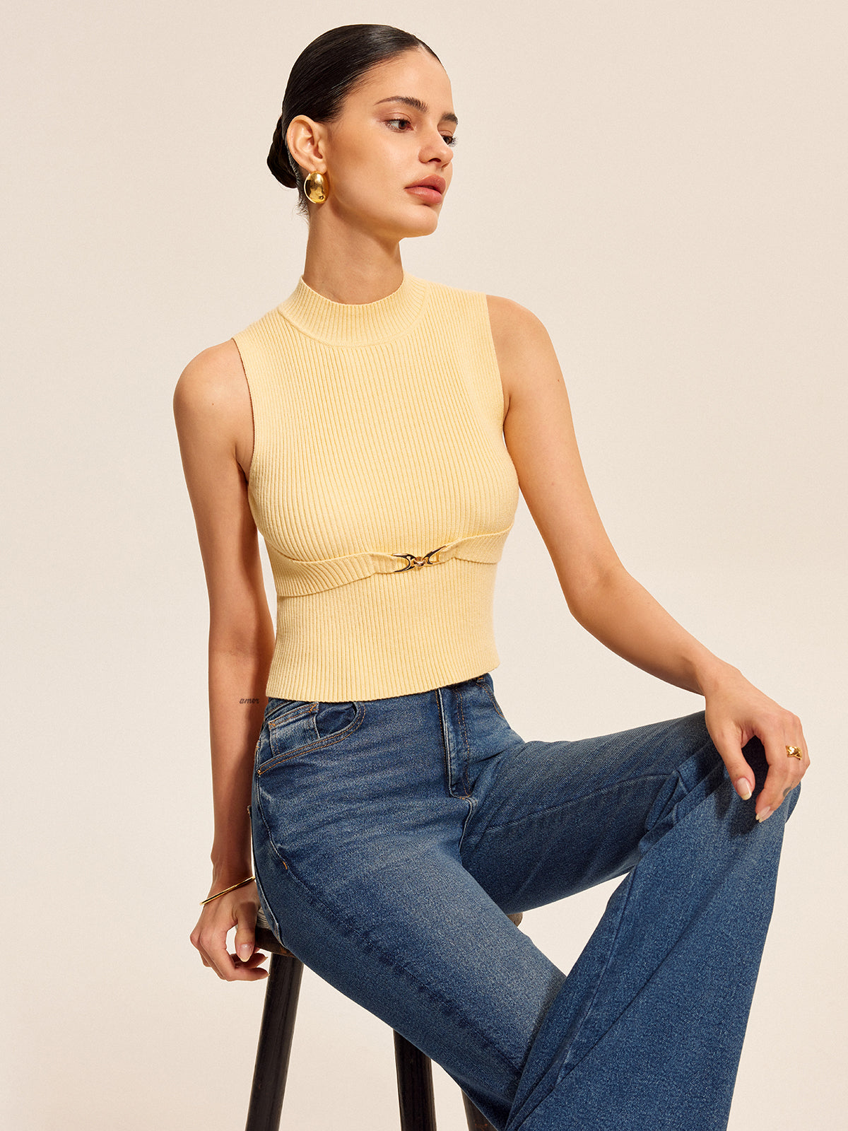 Ribbed Mock-Neck Top With Waist Chain Detail-Chicvia