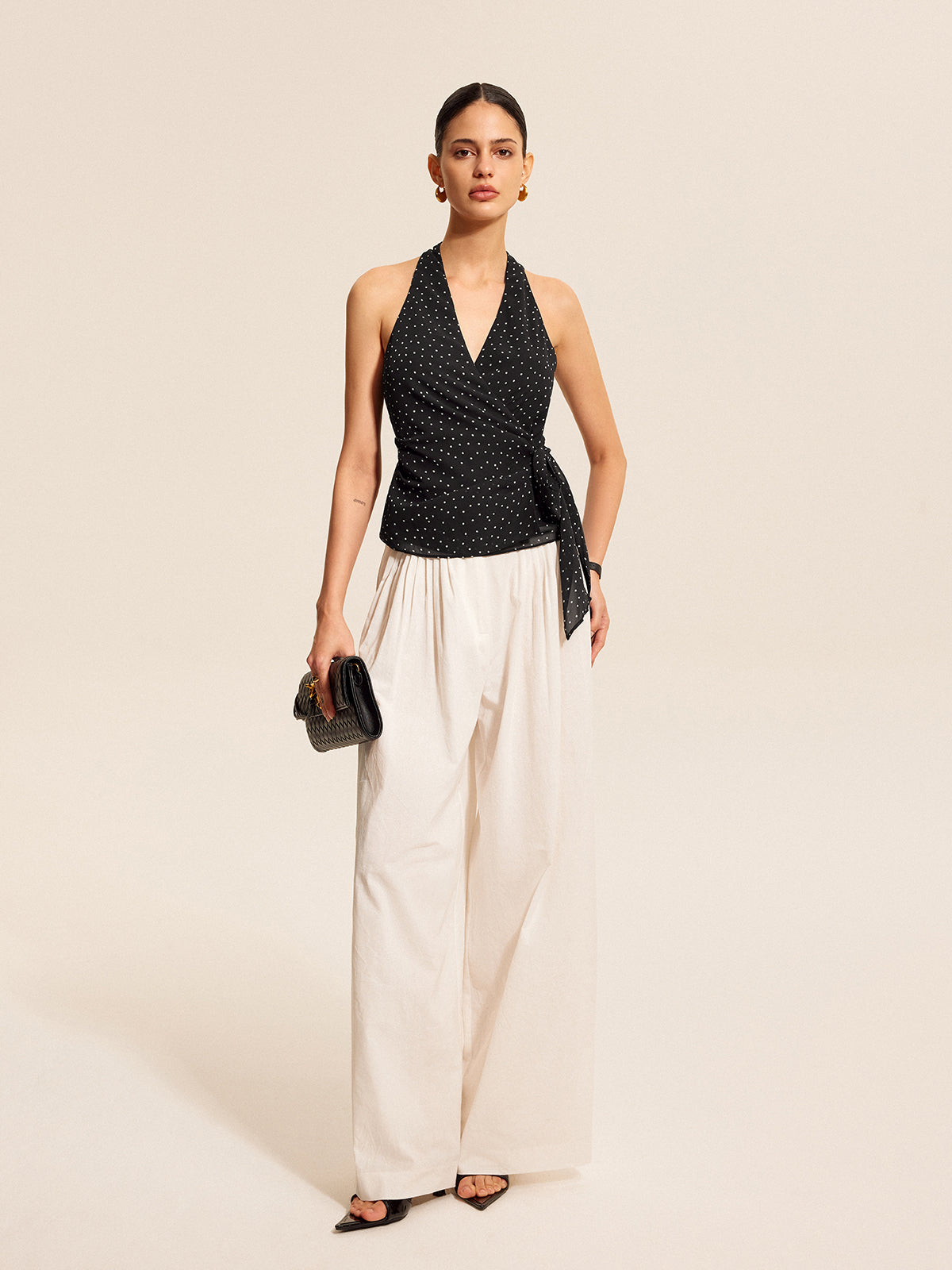 Polka Dot Wrap Tie Halter Top-Chicvia