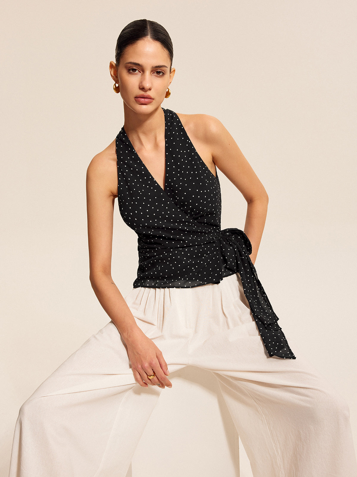 Polka Dot Wrap Tie Halter Top-Chicvia