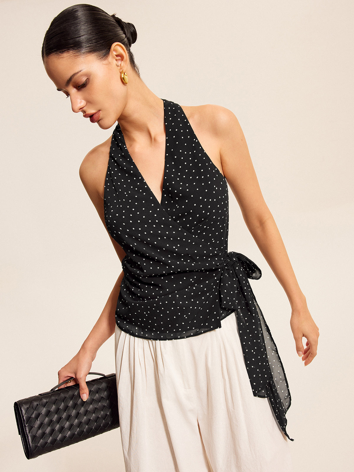 Polka Dot Wrap Tie Halter Top-Chicvia