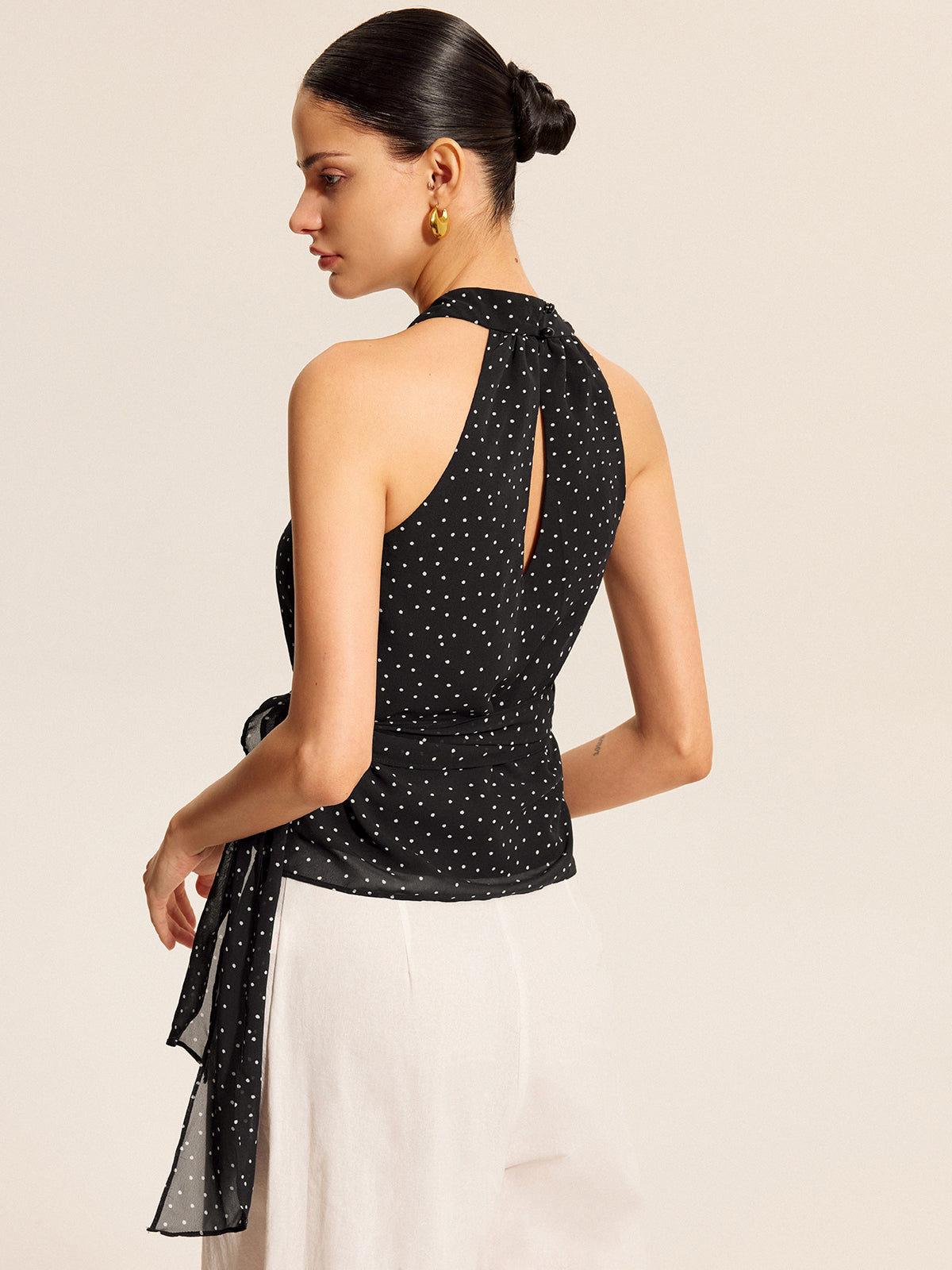 Polka Dot Wrap Tie Halter Top-Chicvia