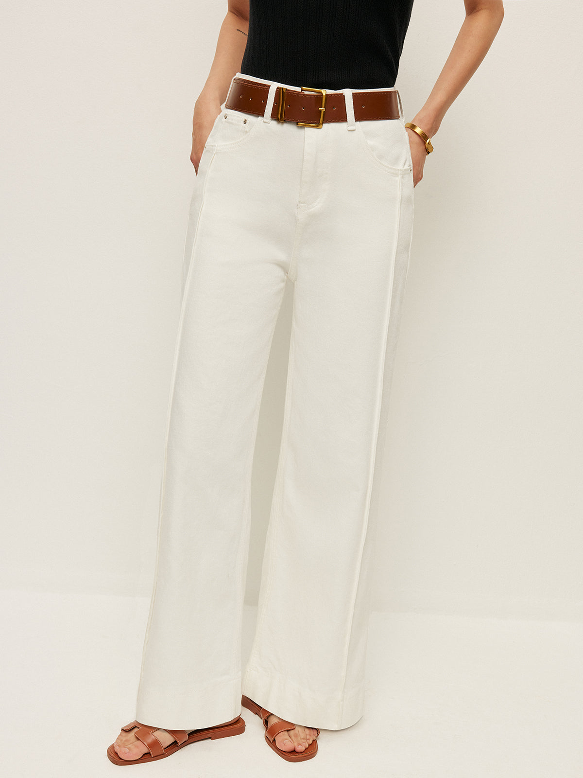 High-Waist Pants With Pockets & Belt-Chicvia