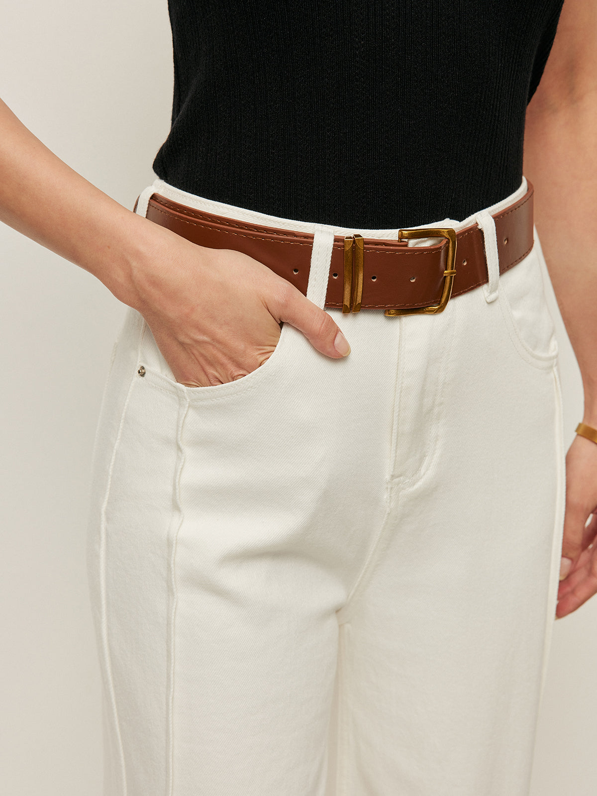 High-Waist Pants With Pockets & Belt-Chicvia