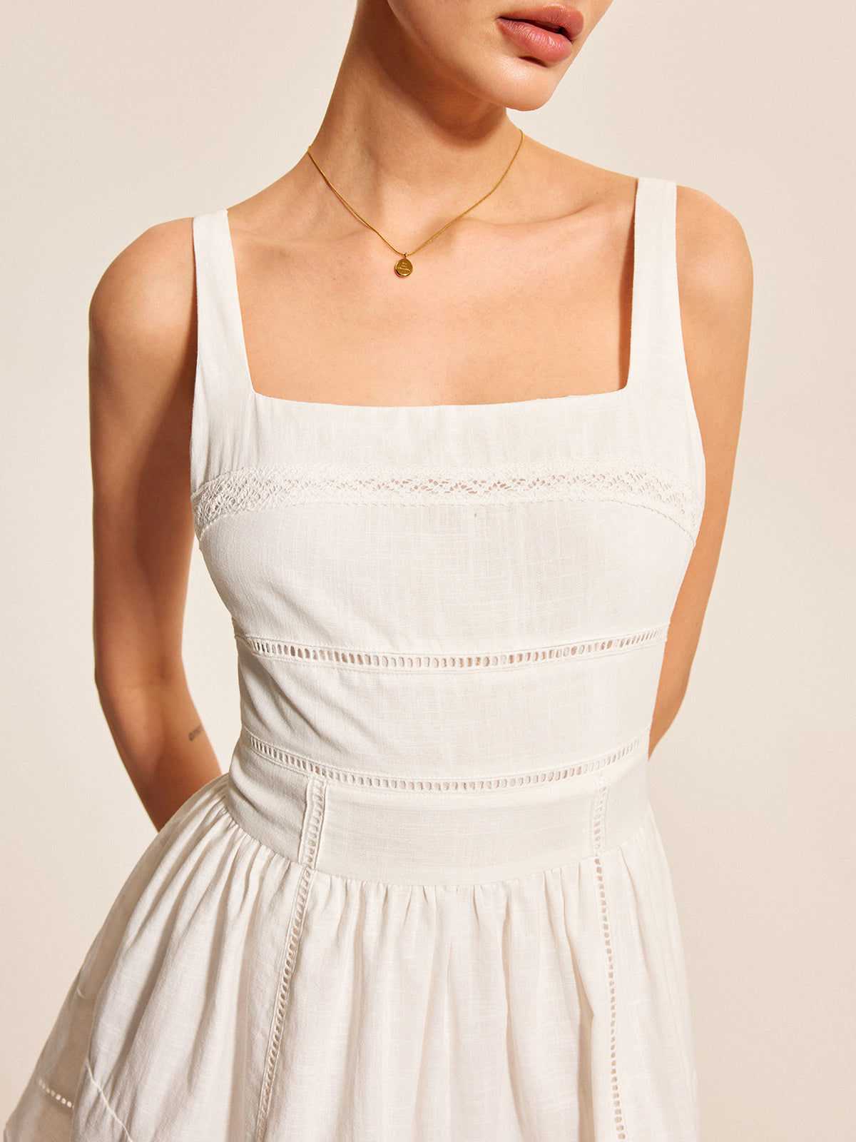 Cotton Lace Trim Square Neck Dress-Chicvia