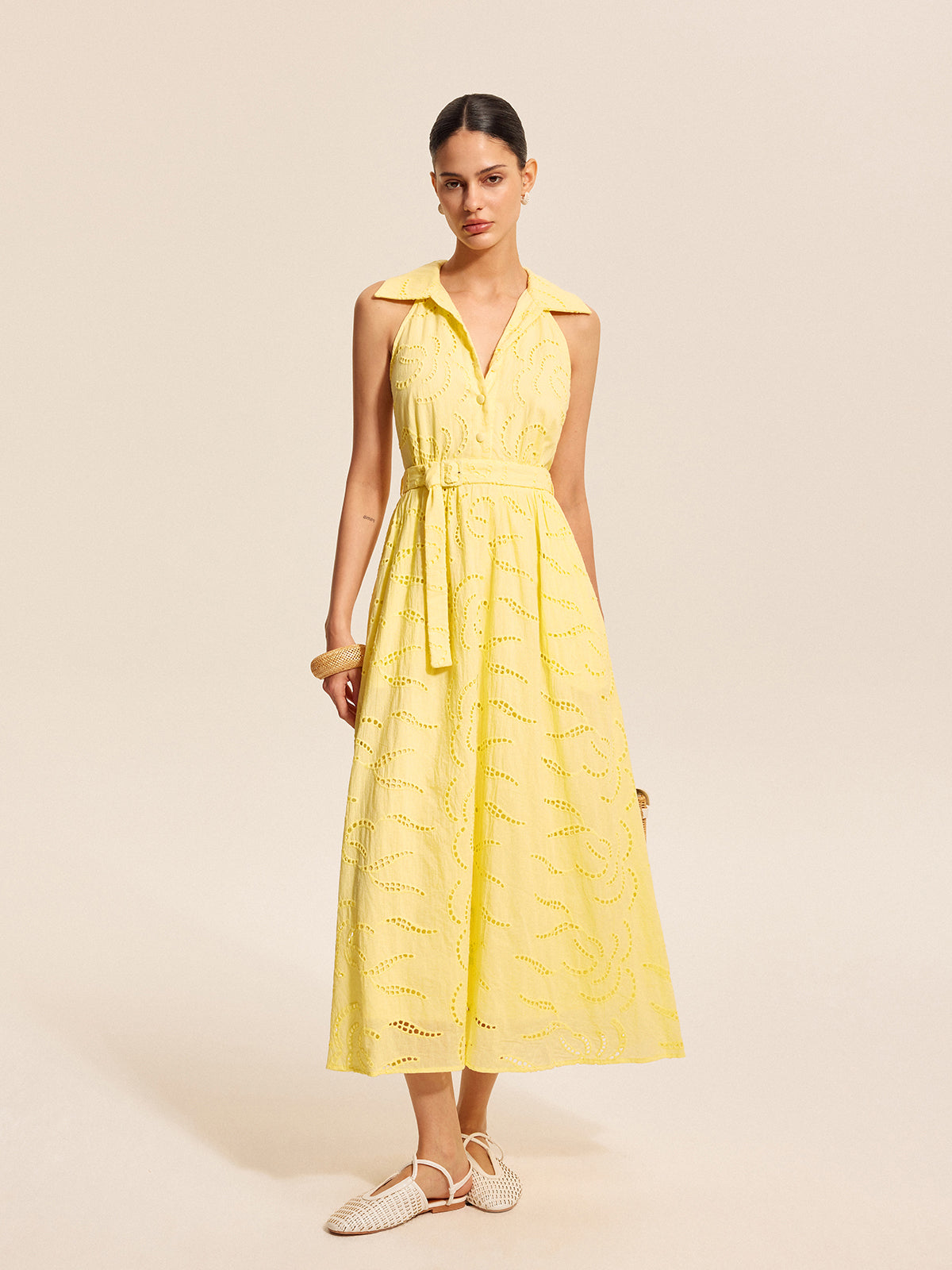 Cotton Belted Embroidered Dress-Chicvia