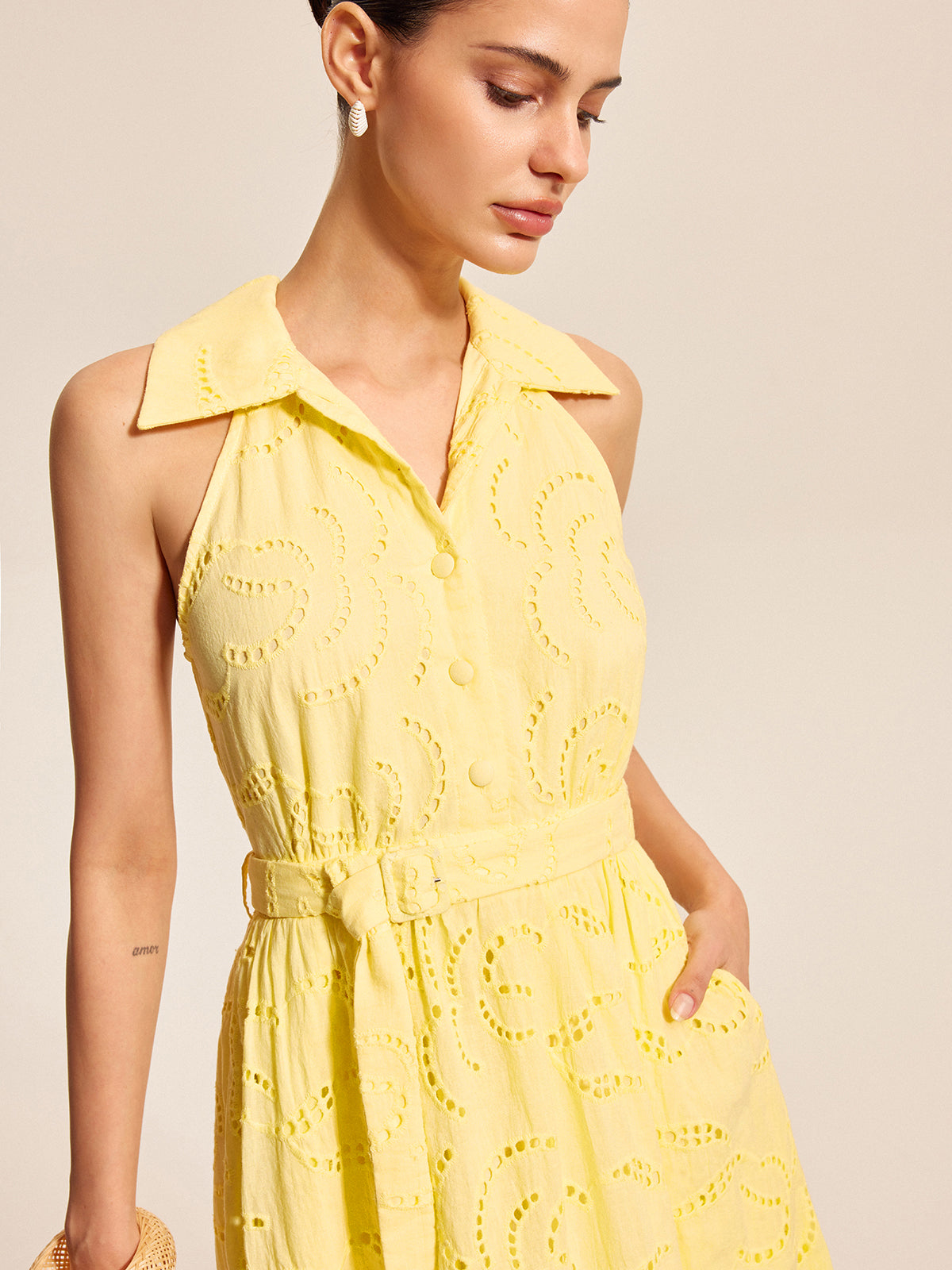 Cotton Belted Embroidered Dress-Chicvia