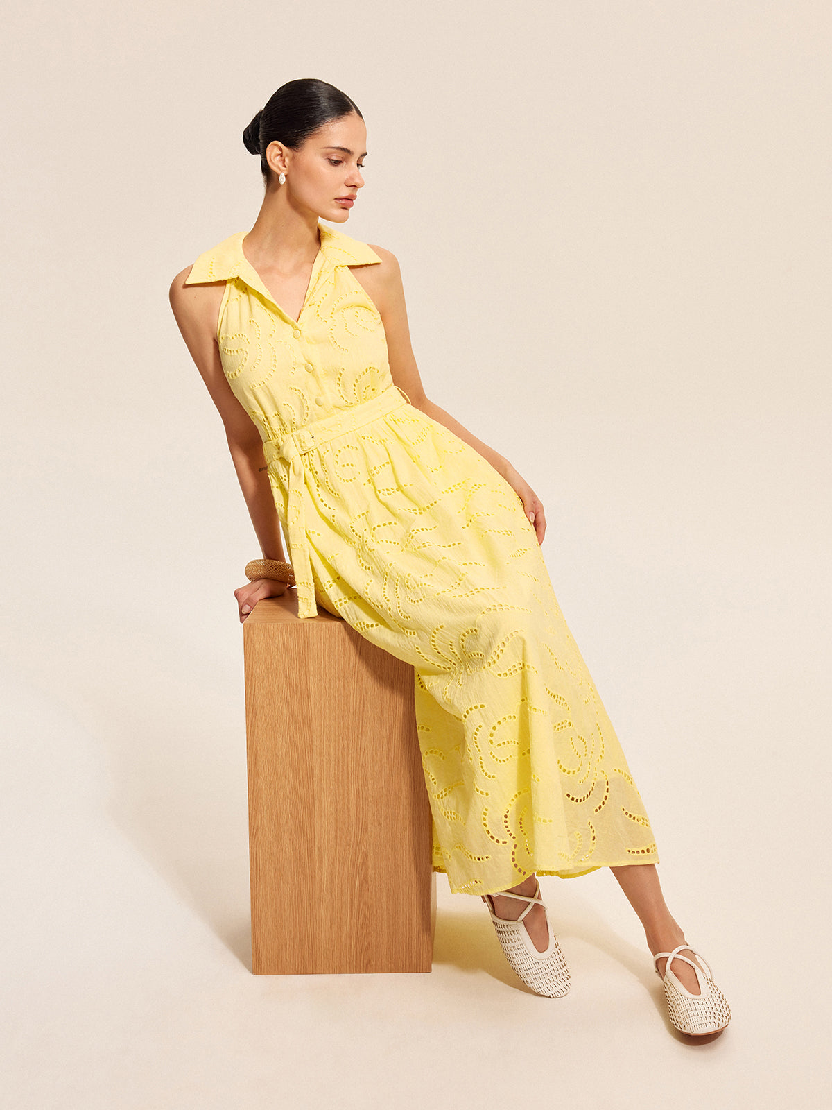 Cotton Belted Embroidered Dress-Chicvia