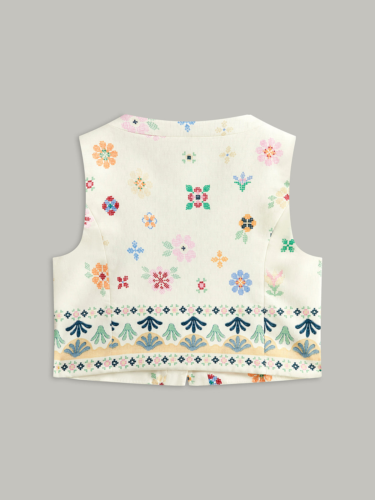 Floral Embroidered Button Detail Vest-Chicvia