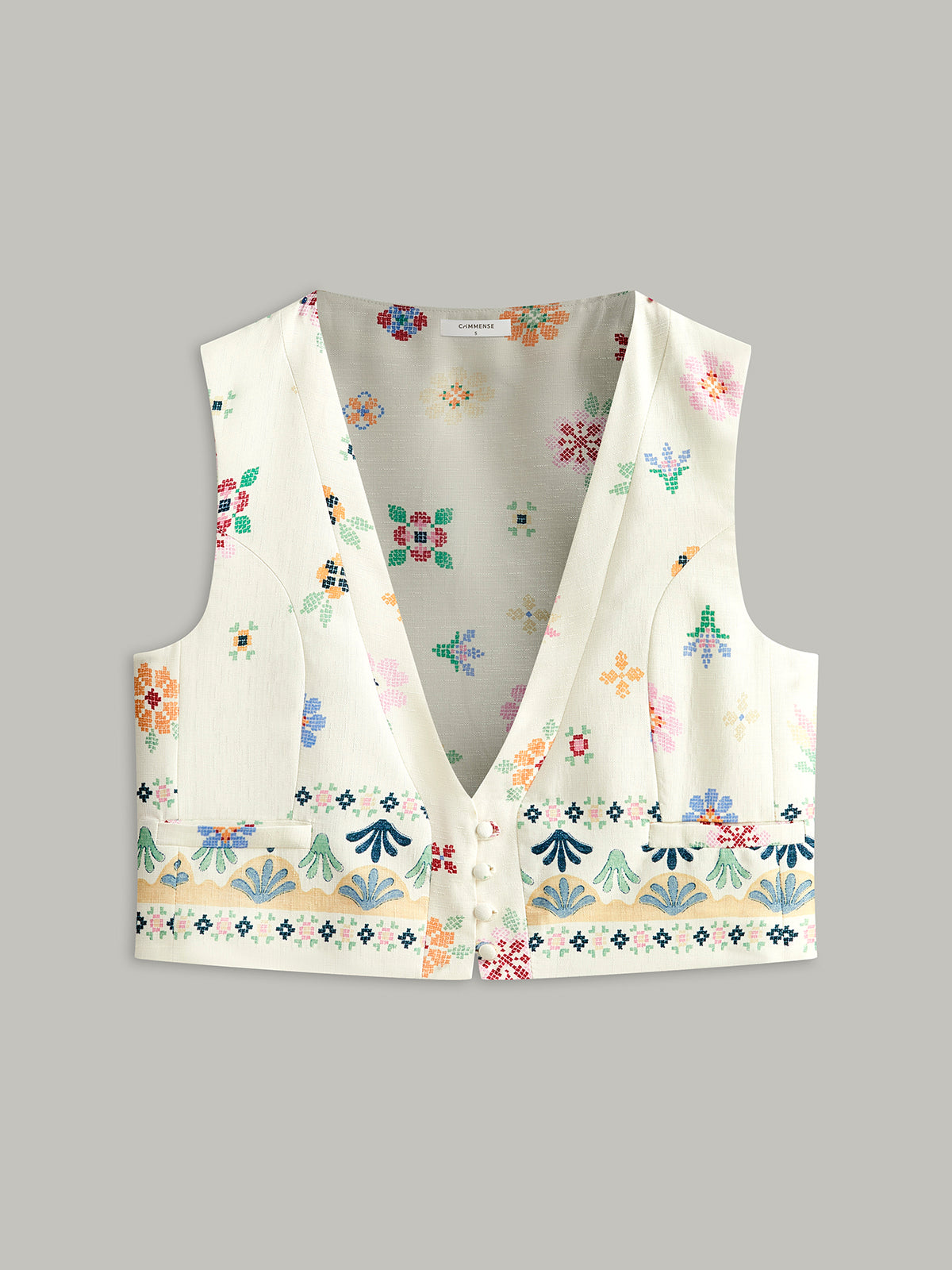 Floral Embroidered Button Detail Vest-Chicvia