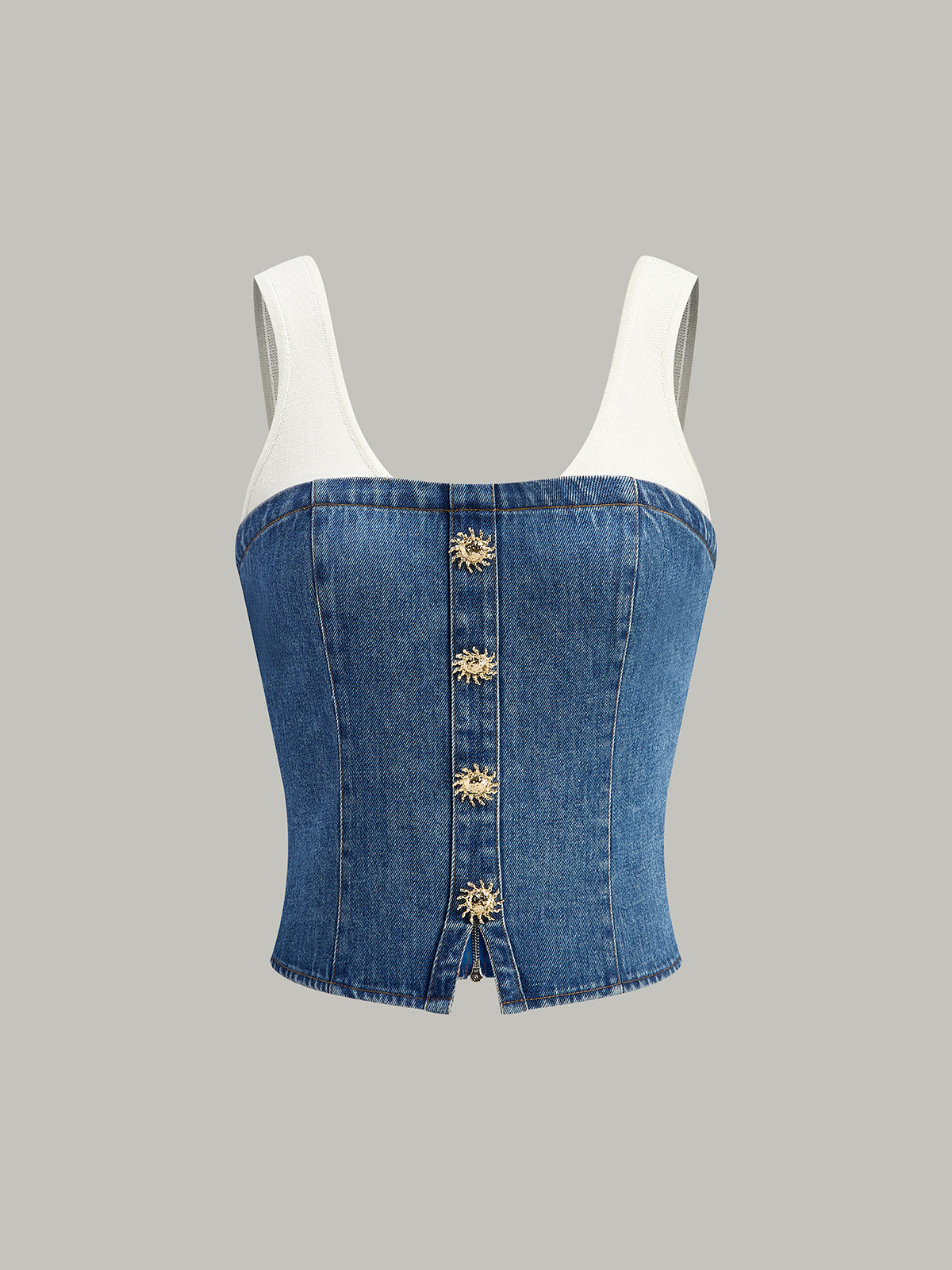 Denim Panel Contrast Strap Corset Top-Chicvia