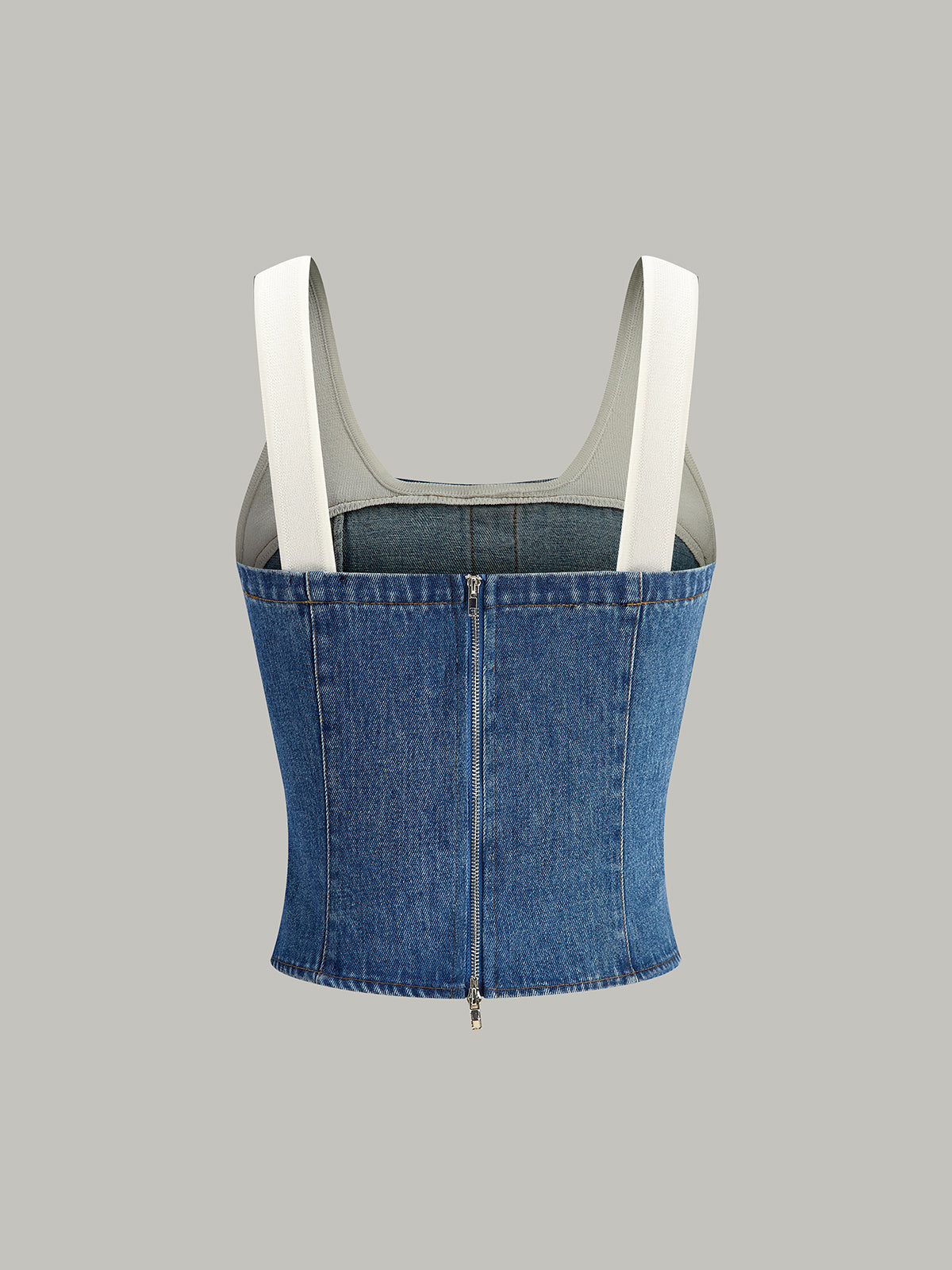 Denim Panel Contrast Strap Corset Top-Chicvia