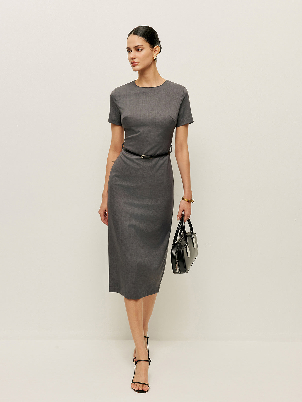 Belted Short Sleeve Pencil Dress-Chicvia