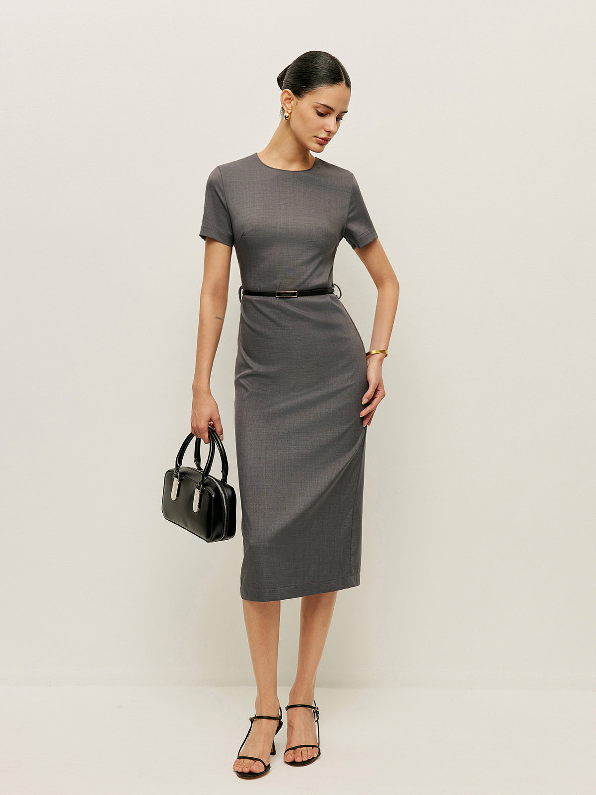 Belted Short Sleeve Pencil Dress-Chicvia