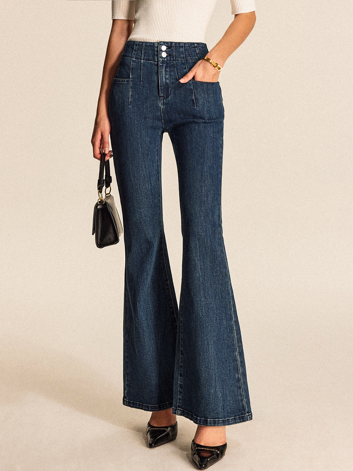 Mid-Waisted Buttoned Flared Jeans-Chicvia
