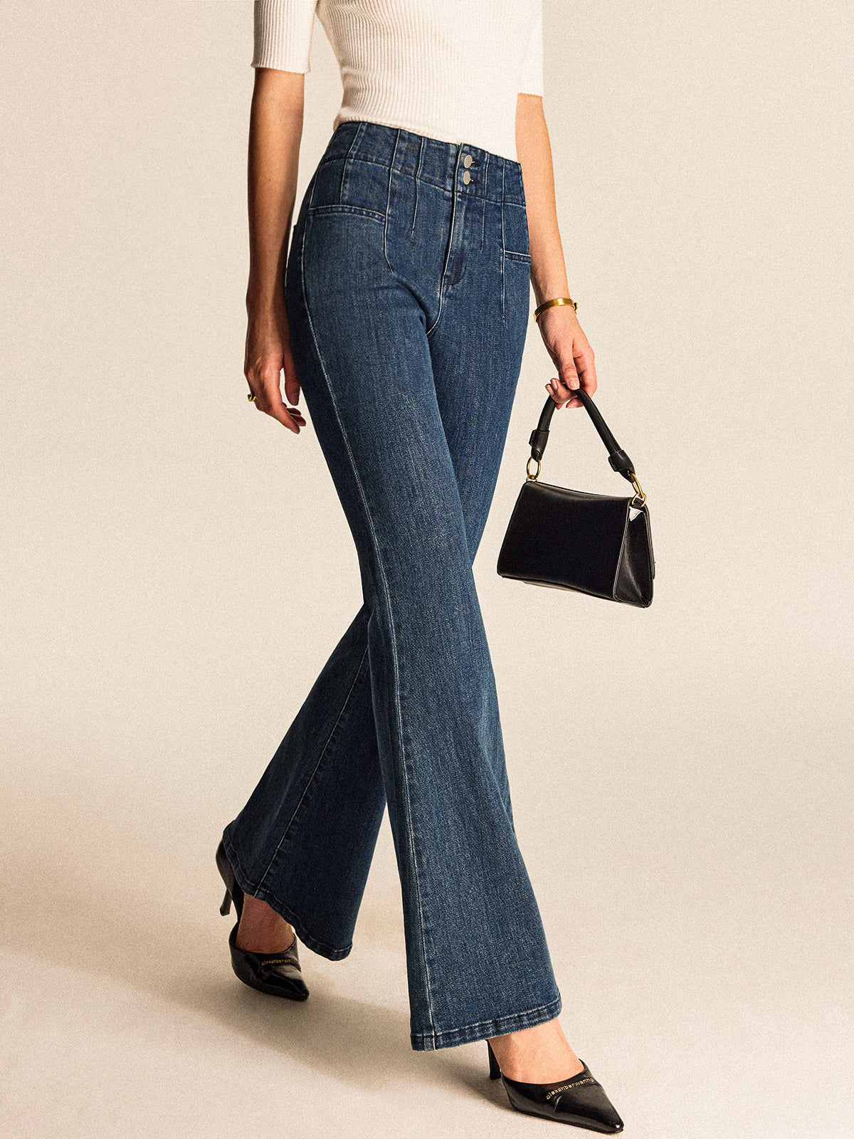 Mid-Waisted Buttoned Flared Jeans-Chicvia