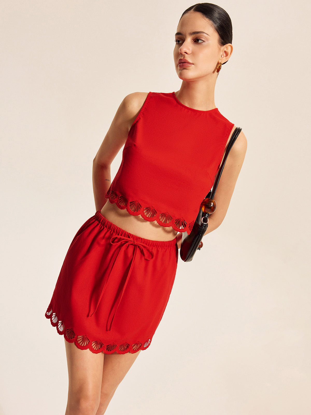 Cotton & Linen Scalloped Trim Skirt Set-Chicvia