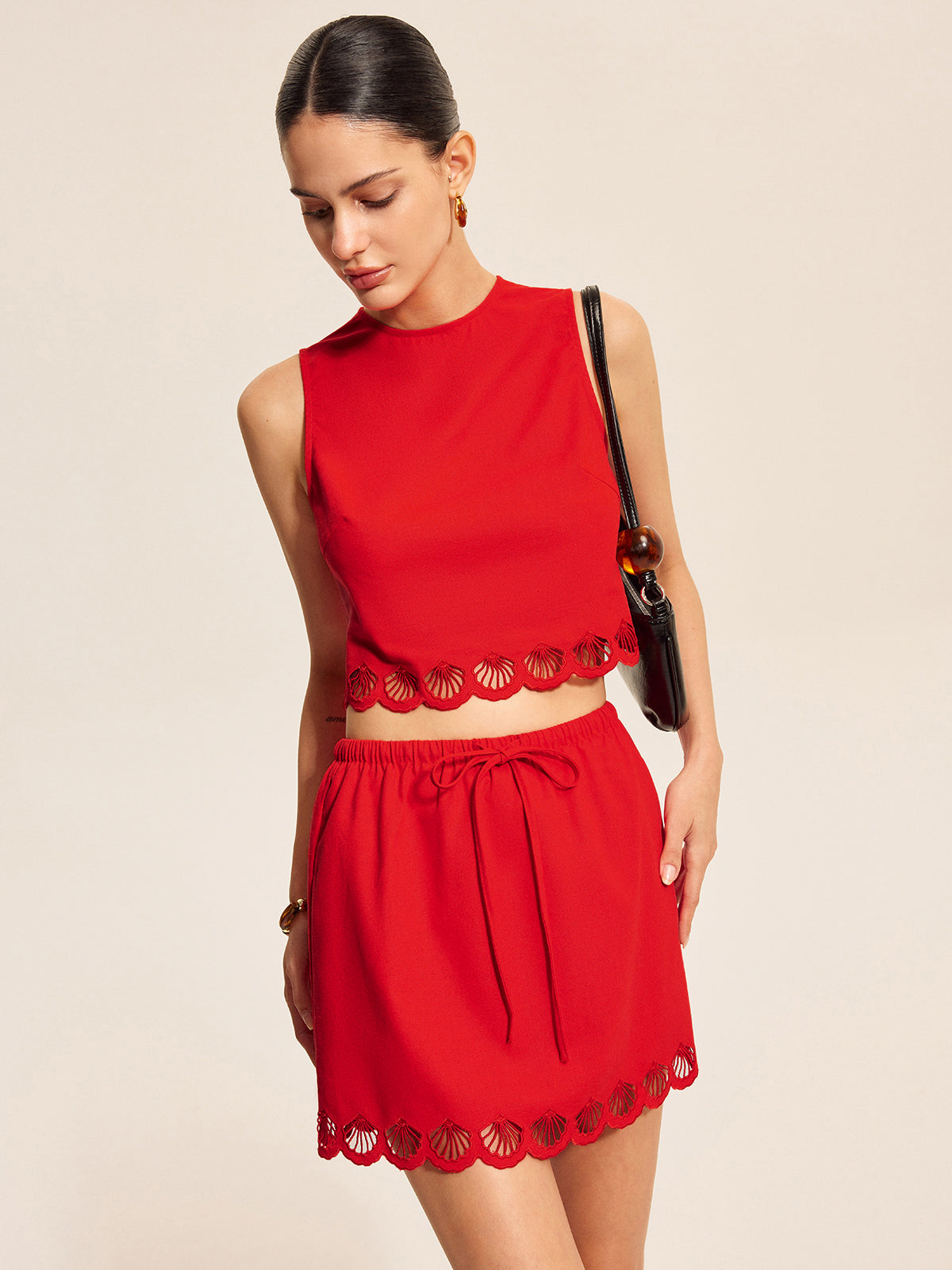 Cotton & Linen Scalloped Trim Skirt Set-Chicvia