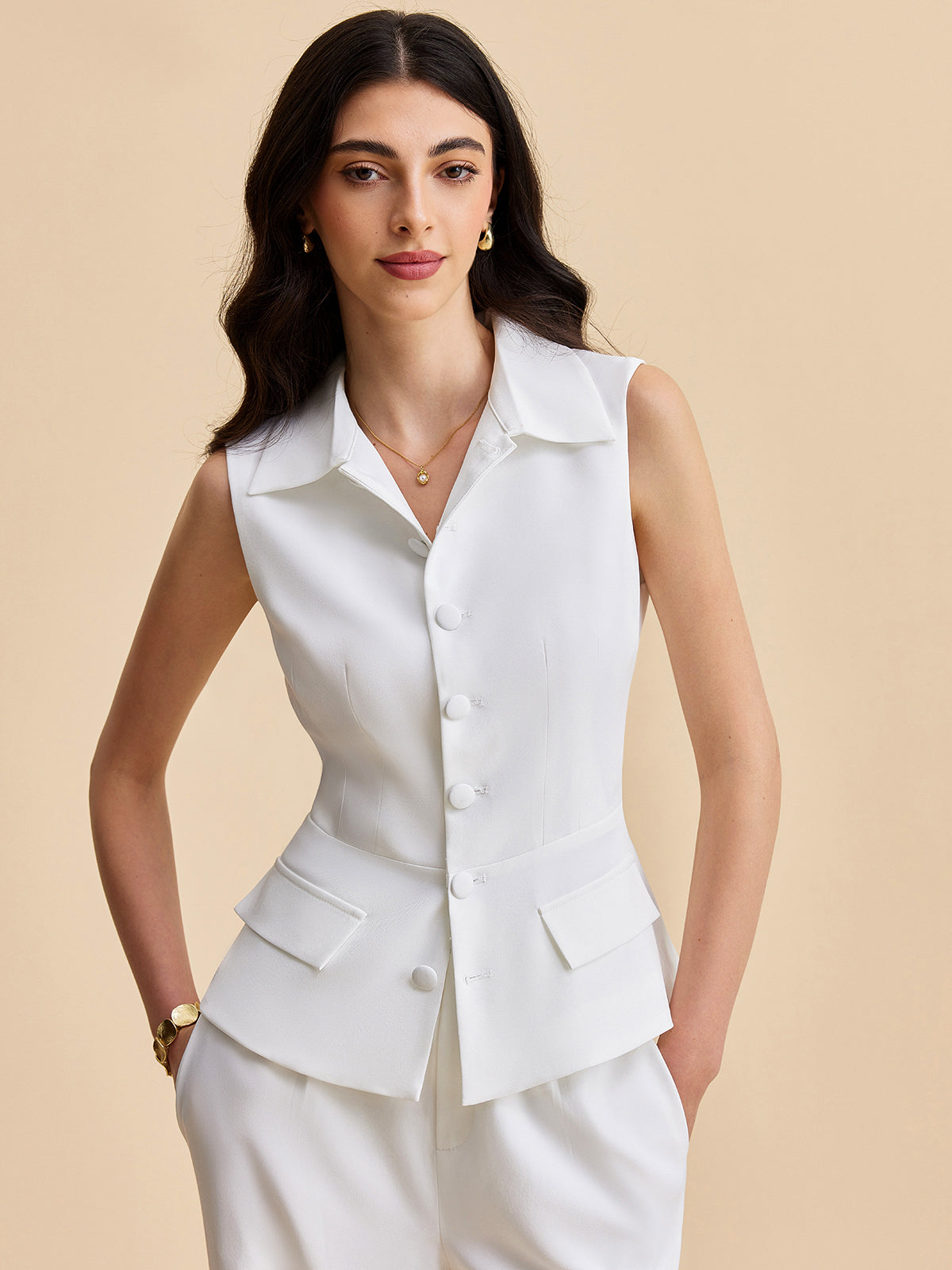 Pockets Buttoned Sleeveless Pants Set-Chicvia