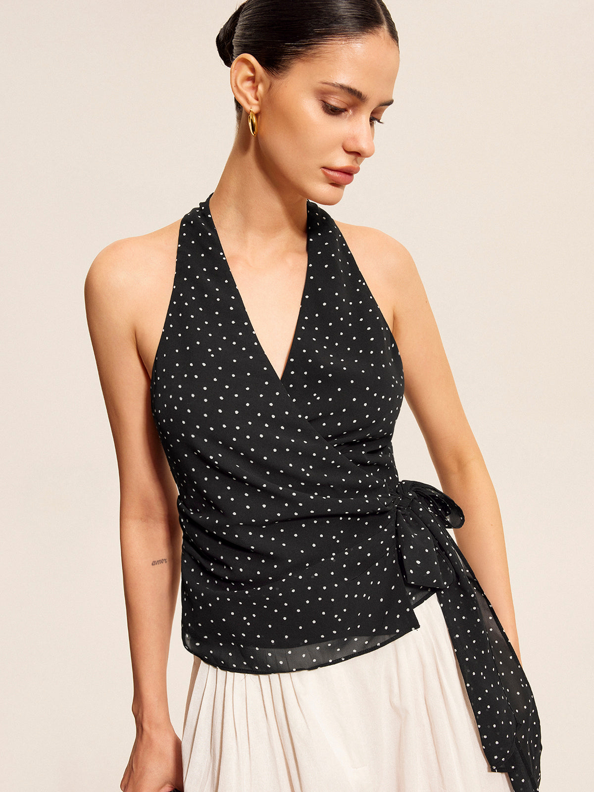 Polka Dot Wrap Tie Halter Top-Chicvia