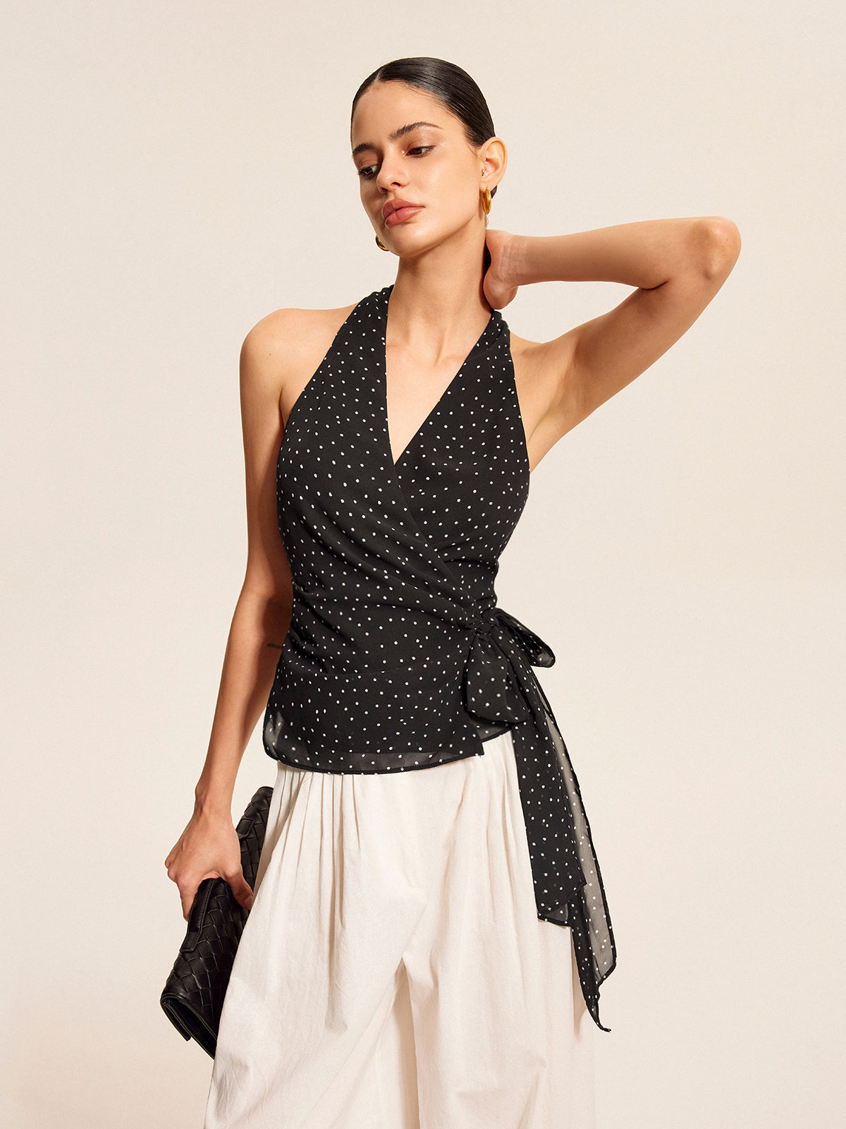 Polka Dot Wrap Tie Halter Top-Chicvia