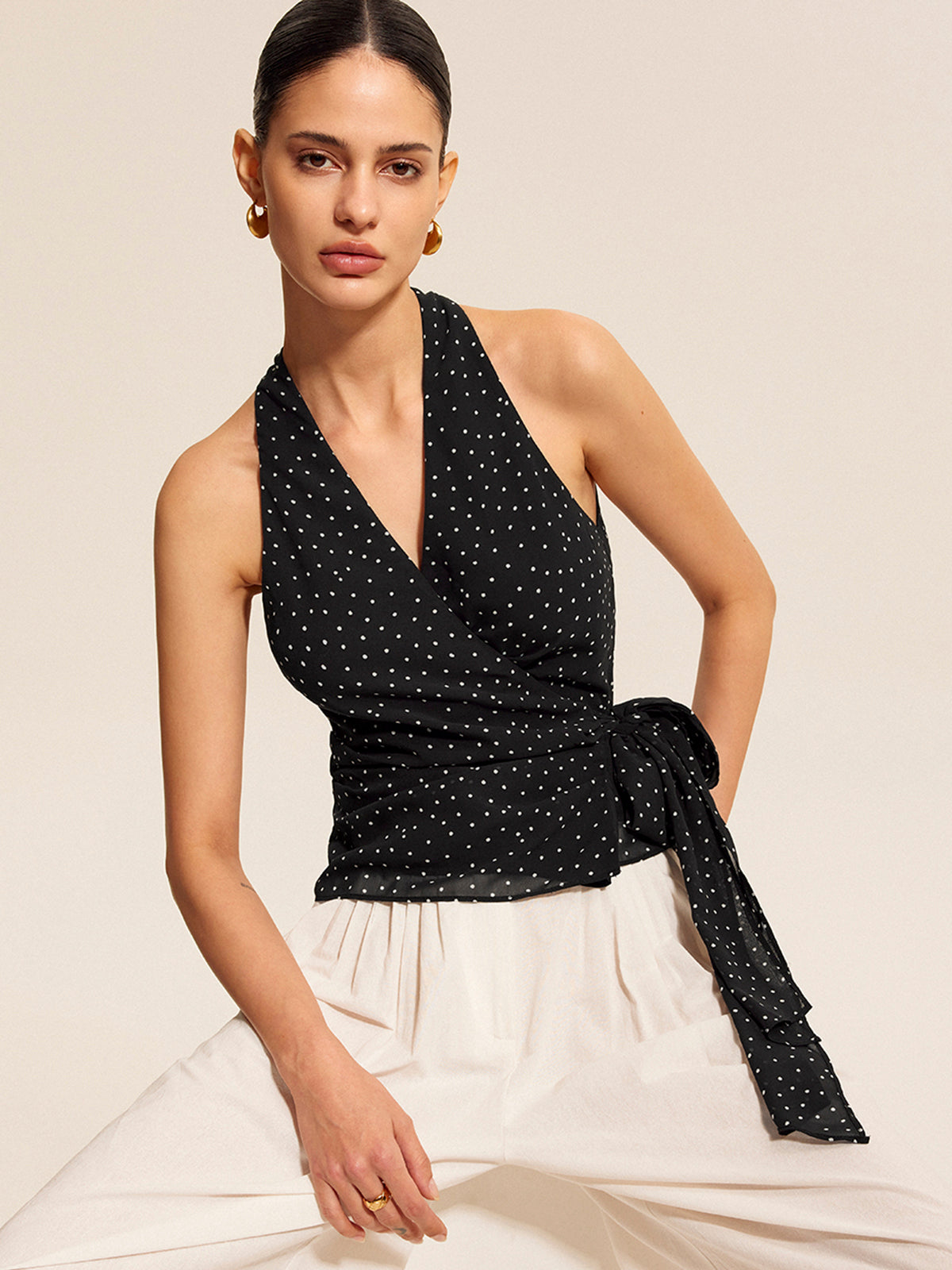 Polka Dot Wrap Tie Halter Top-Chicvia