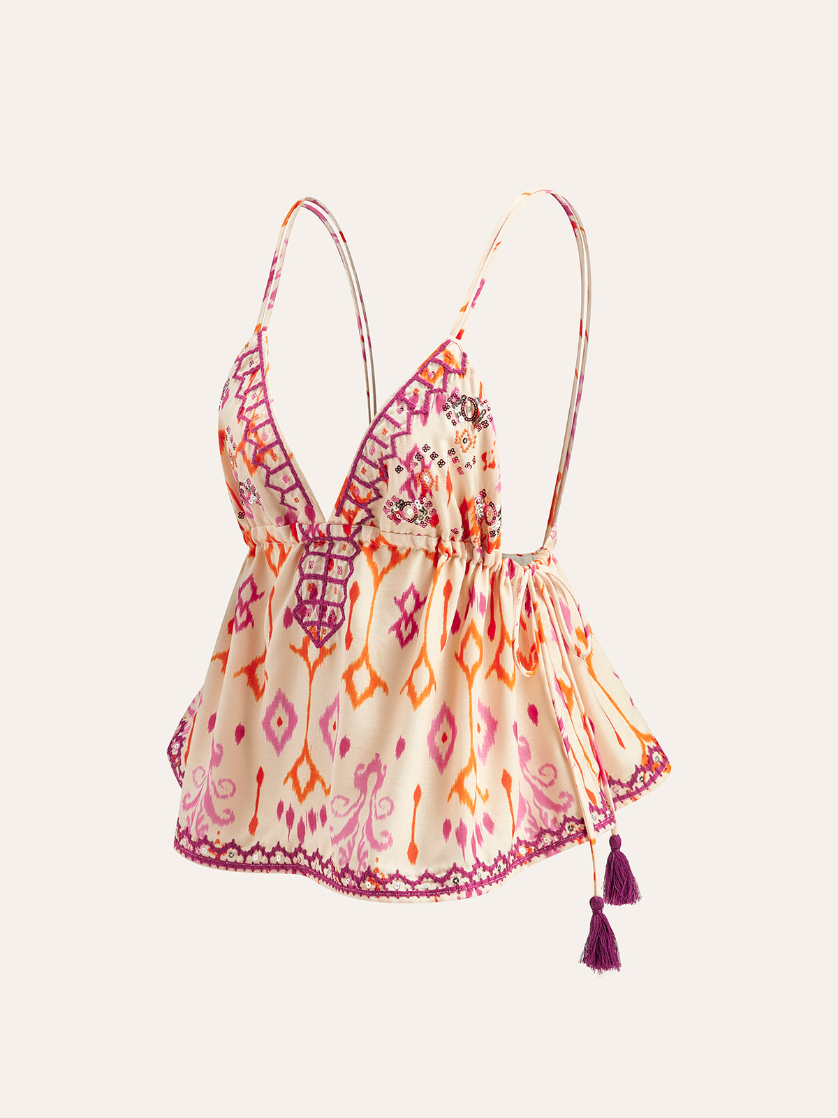 Embroidered Boho Tassel Tie Cami Top-Chicvia