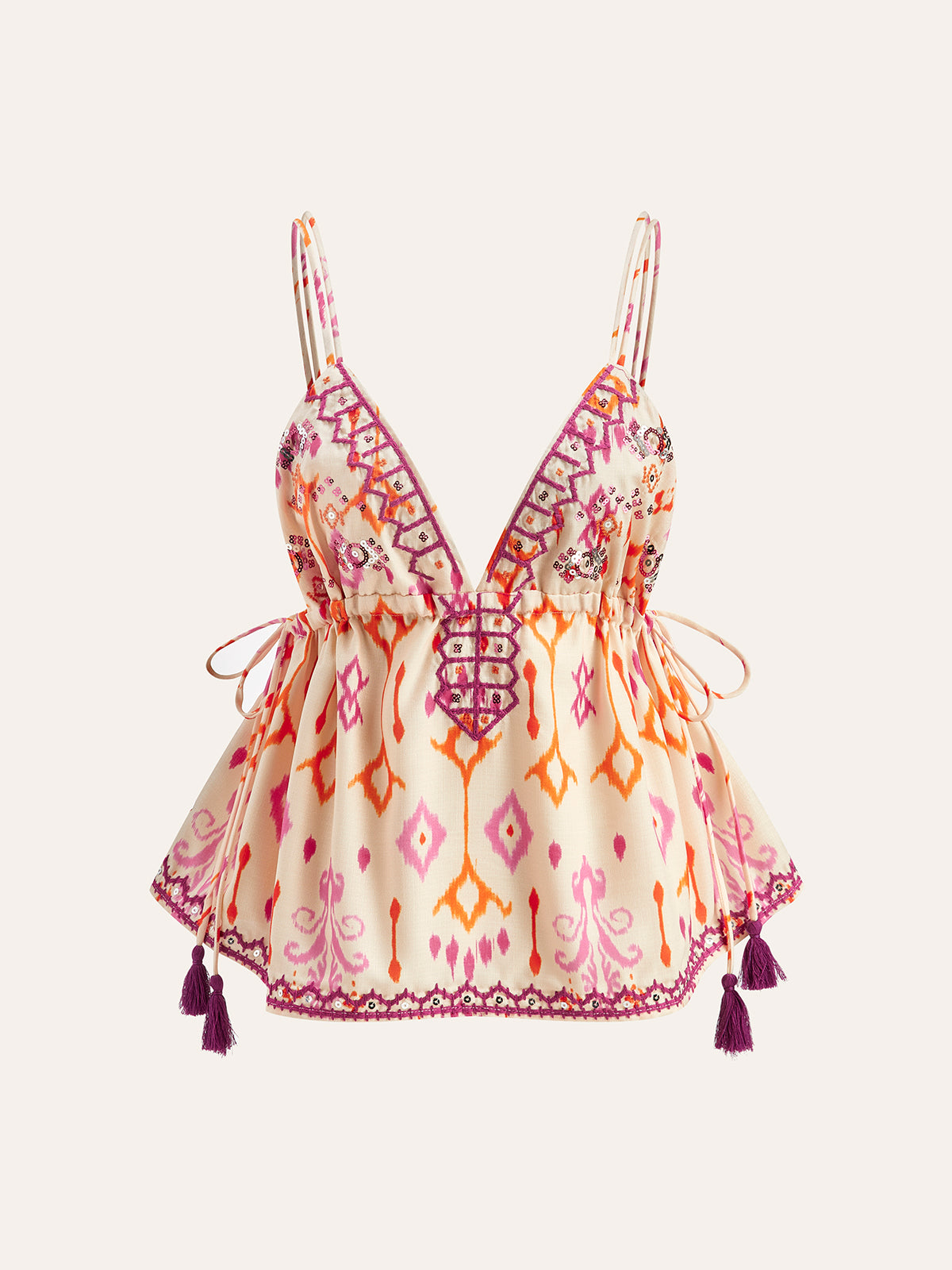 Embroidered Boho Tassel Tie Cami Top-Chicvia