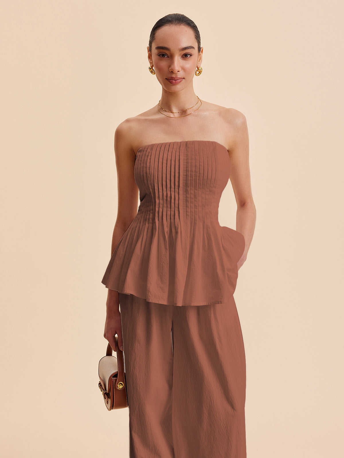 Cotton Pleated Strapless Peplum Top-Chicvia