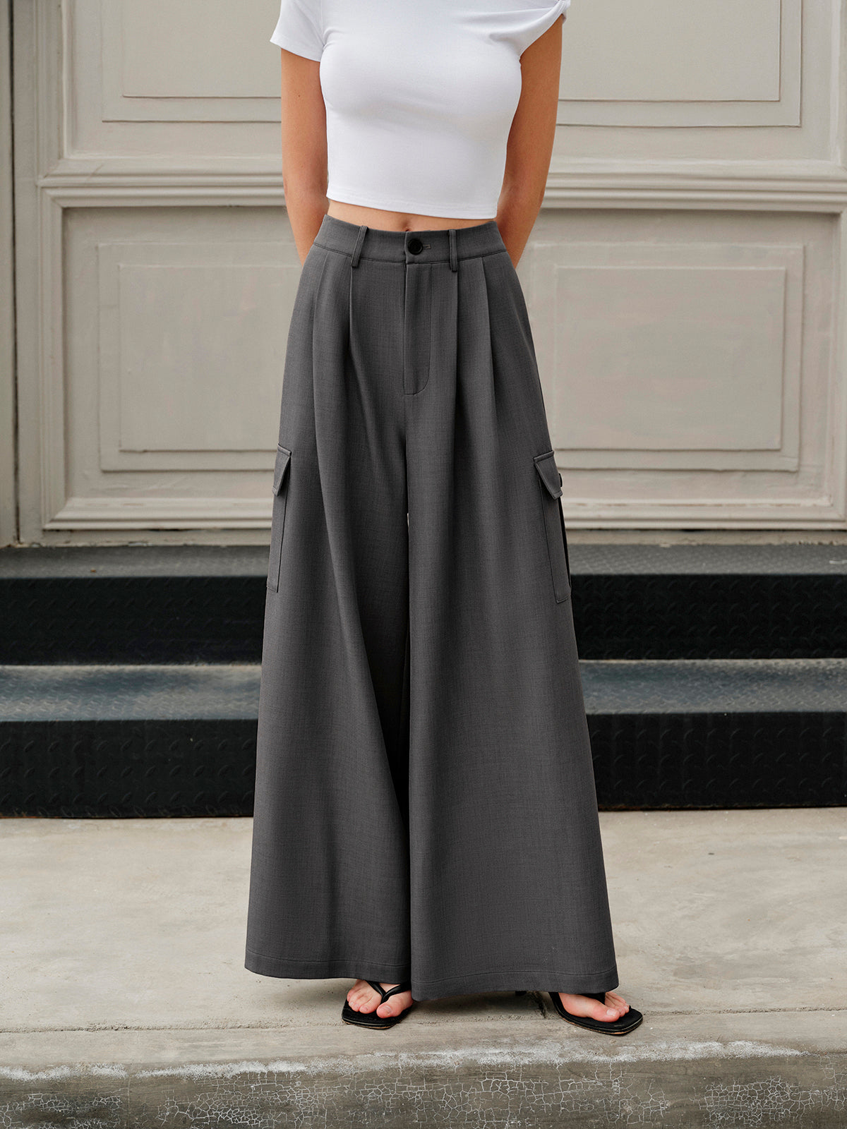 Mid-Waist Pockets Wide-Leg Pants-Chicvia