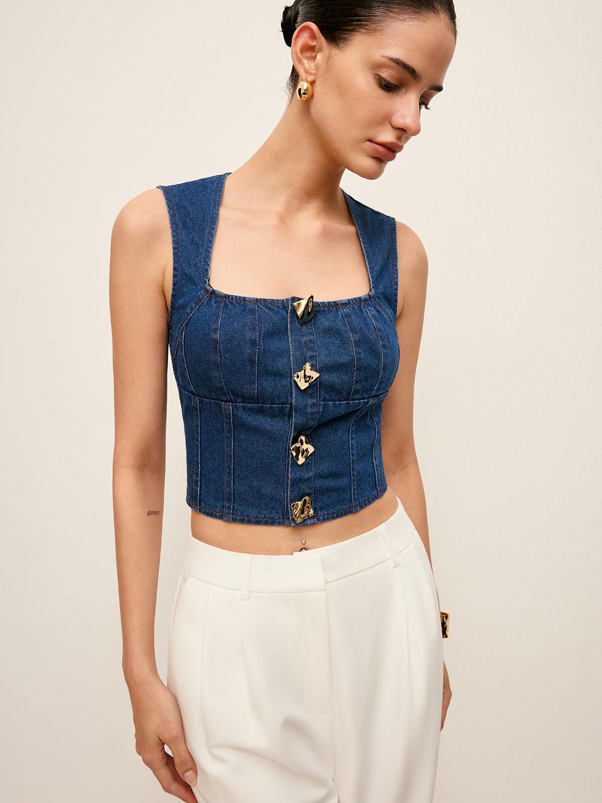 Cotton Square Neck Button Detail Denim Top-Chicvia
