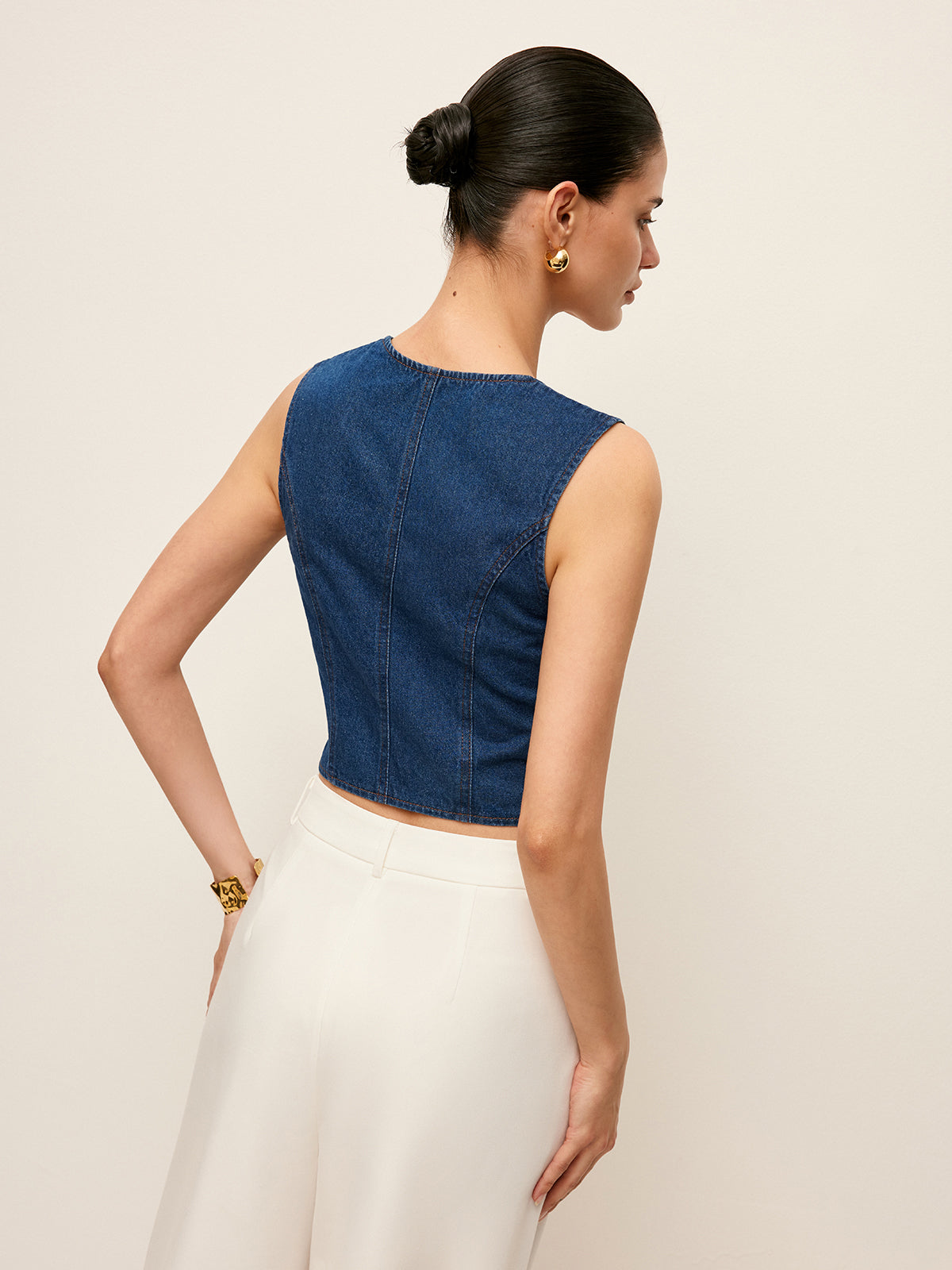 Cotton Square Neck Button Detail Denim Top-Chicvia