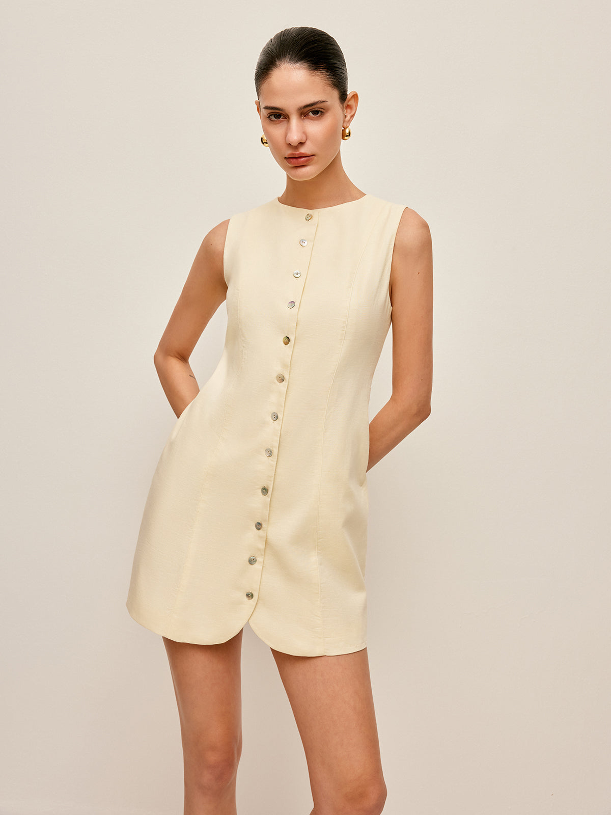 Button-Front Cotton & Linen Sleeveless Dress-Chicvia